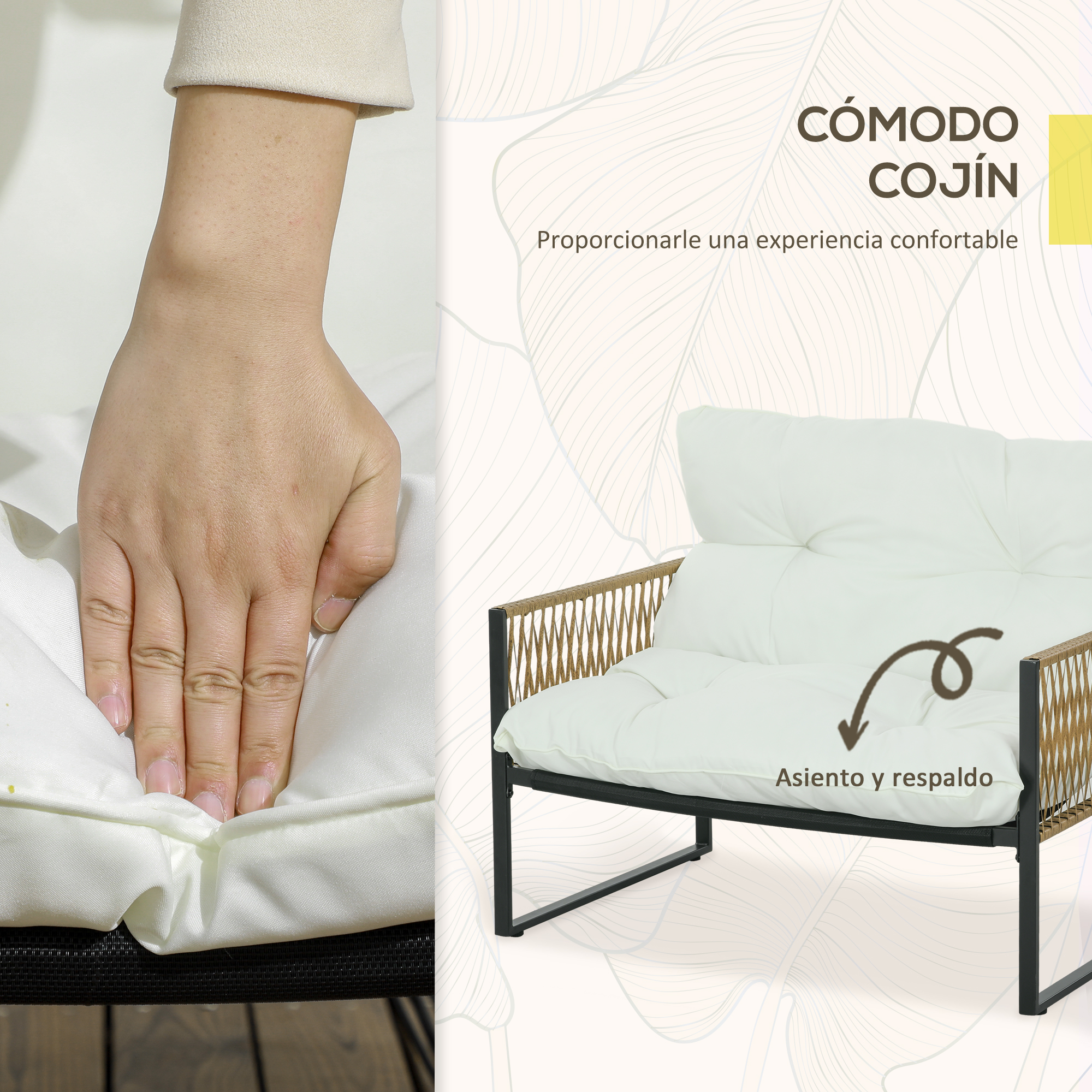 Una mano presiona un cojín blanco y suave en una silla tejida.