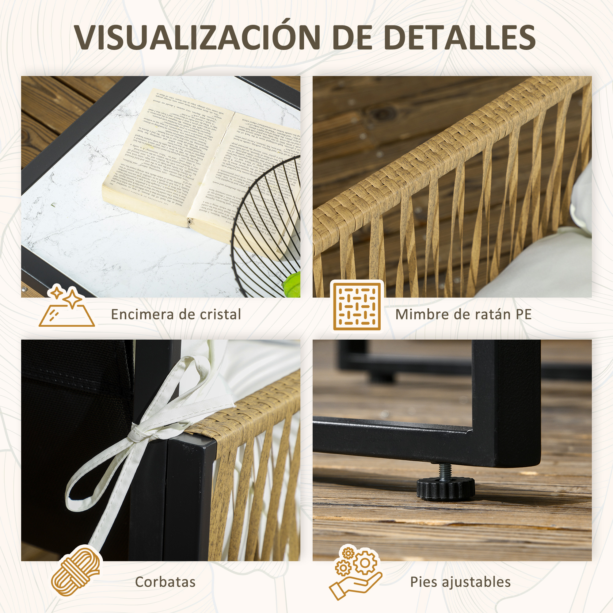 Cuatro tomas de detalles de muebles de exterior: tablero, mimbre, atadura de cojín, pies ajustables.