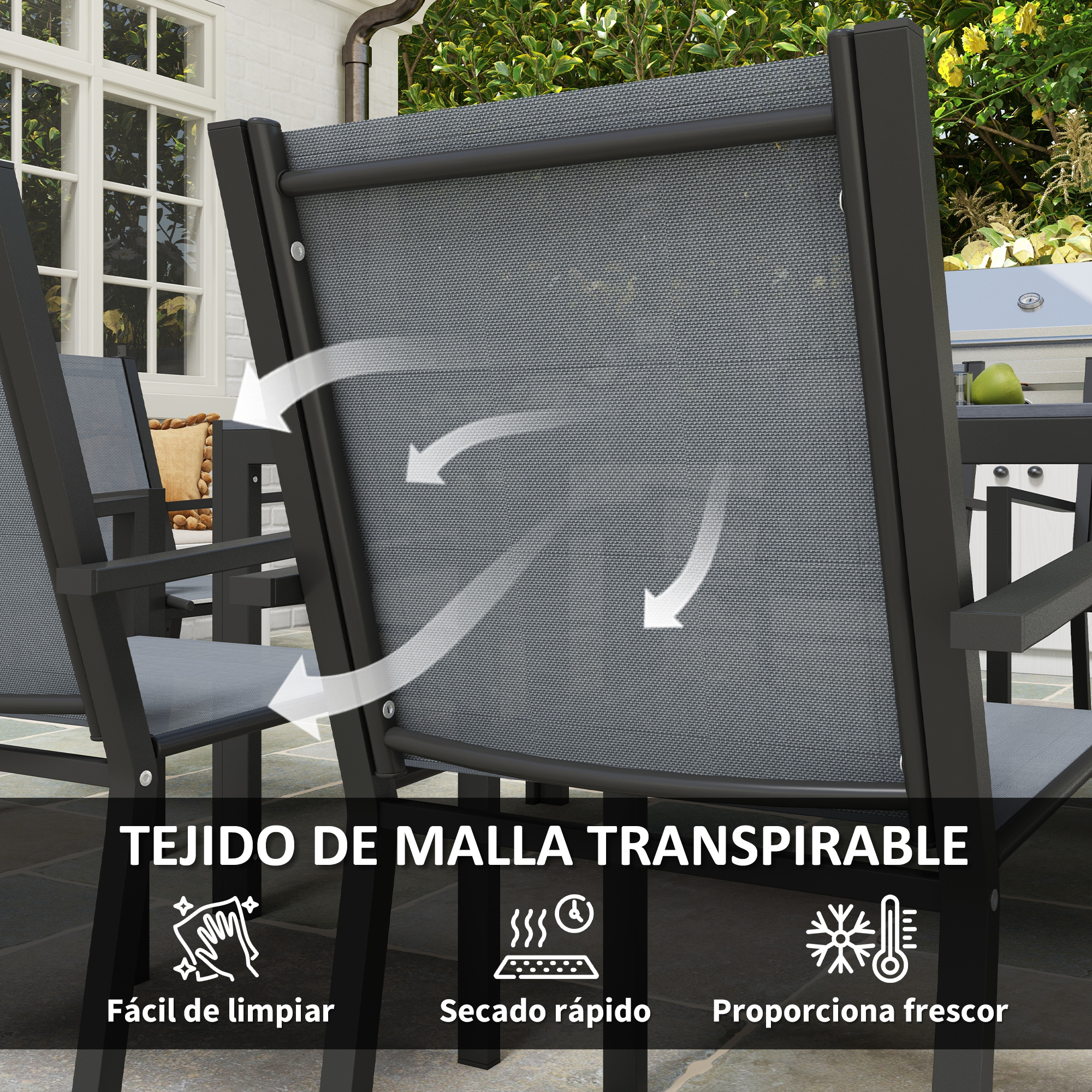 Sillas de exterior con tejido de malla: fácil limpieza, secado rápido, fresco.