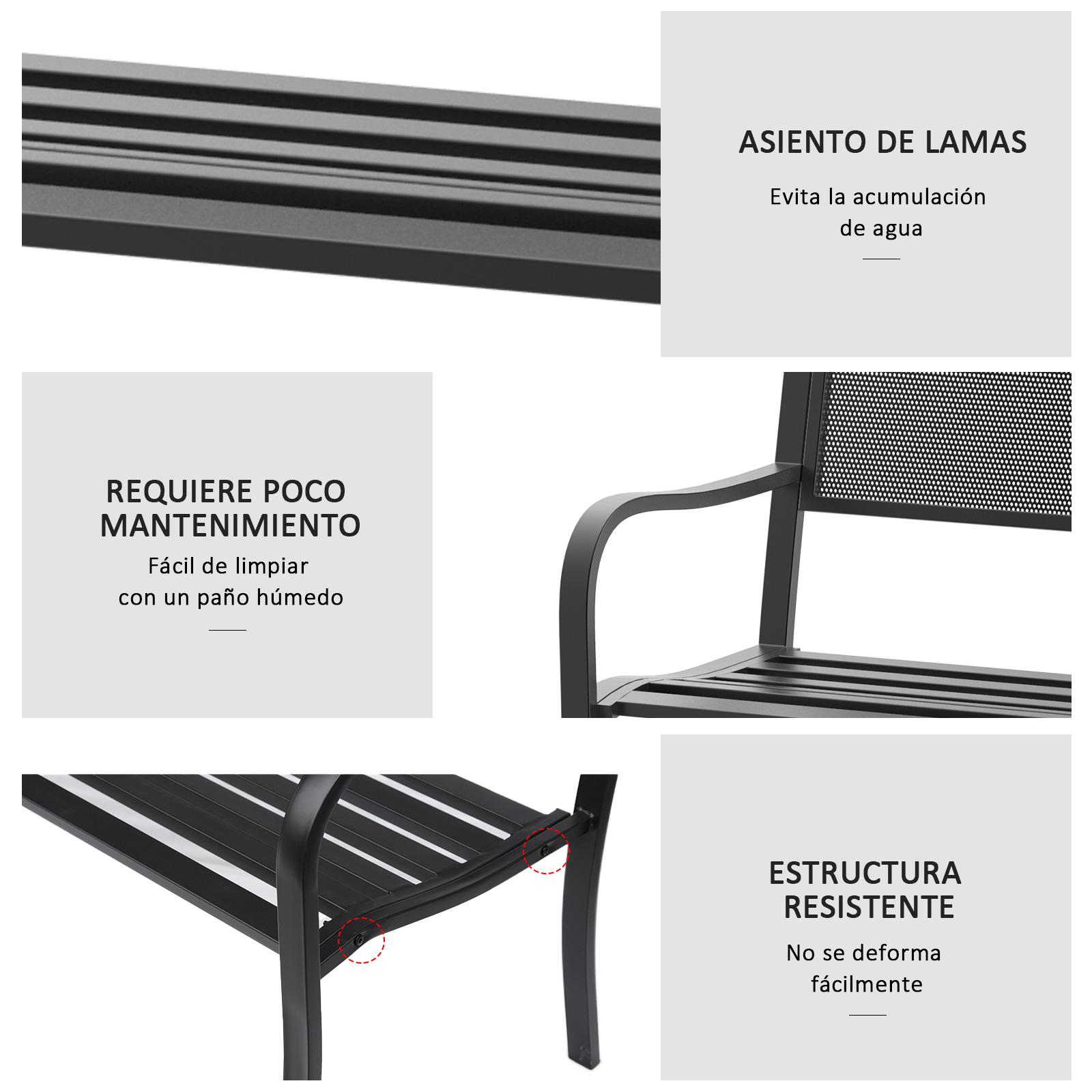Banco de jardín negro con asiento de lamas y reposabrazos.