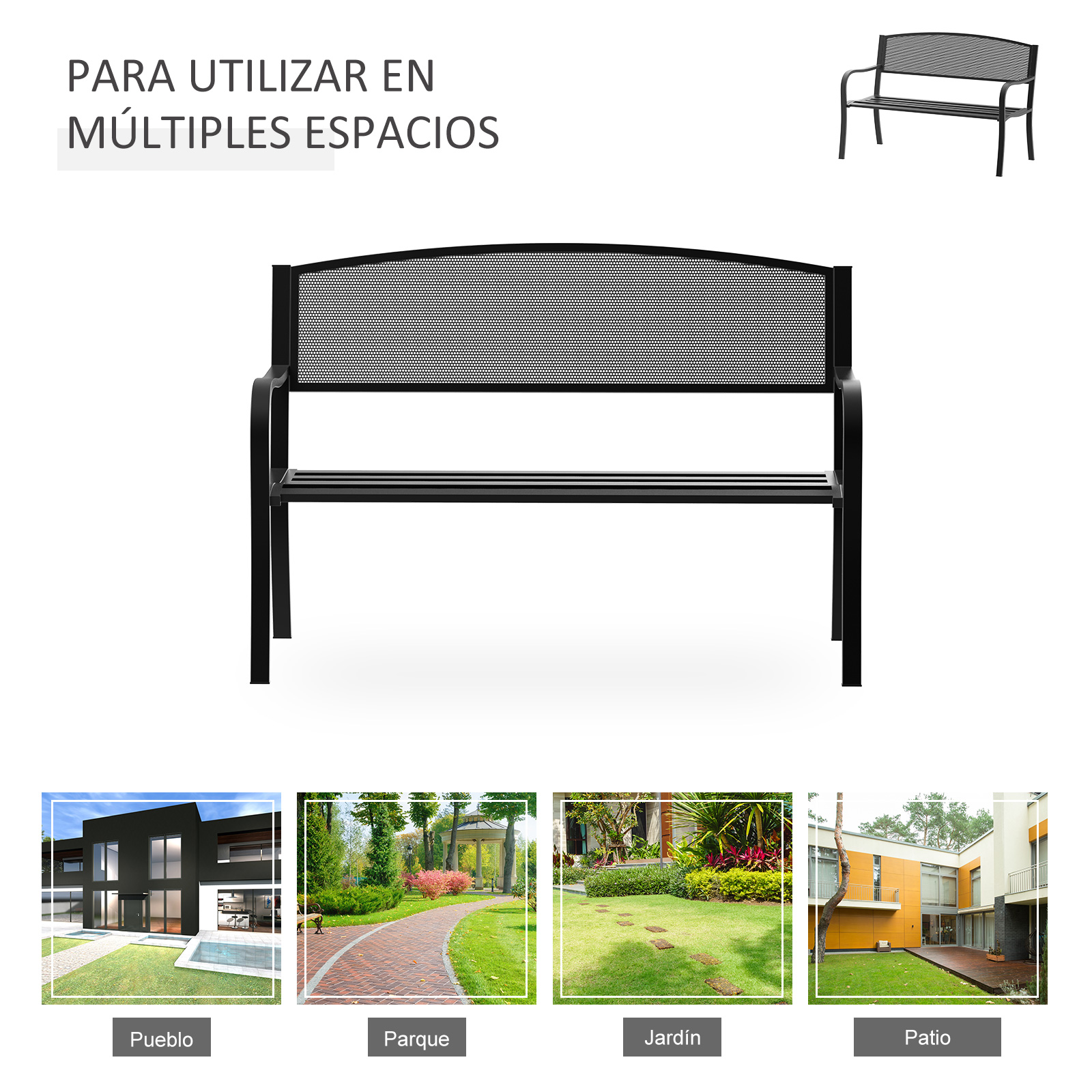 Banco metálico negro con respaldo perforado, ante cuatro ejemplos de exteriores.