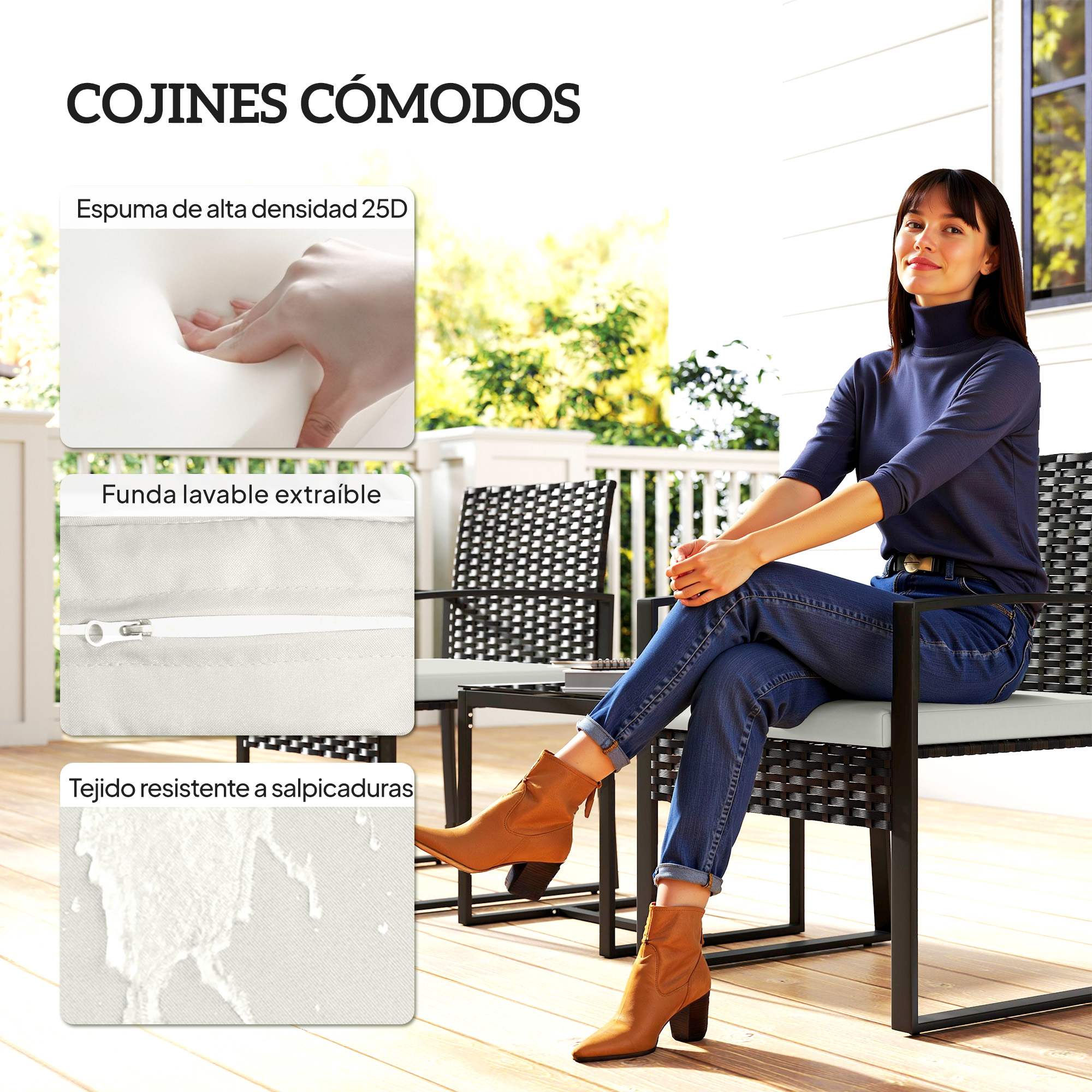 Una mujer se sienta en una silla exterior. Primeros planos muestran material de cojín.