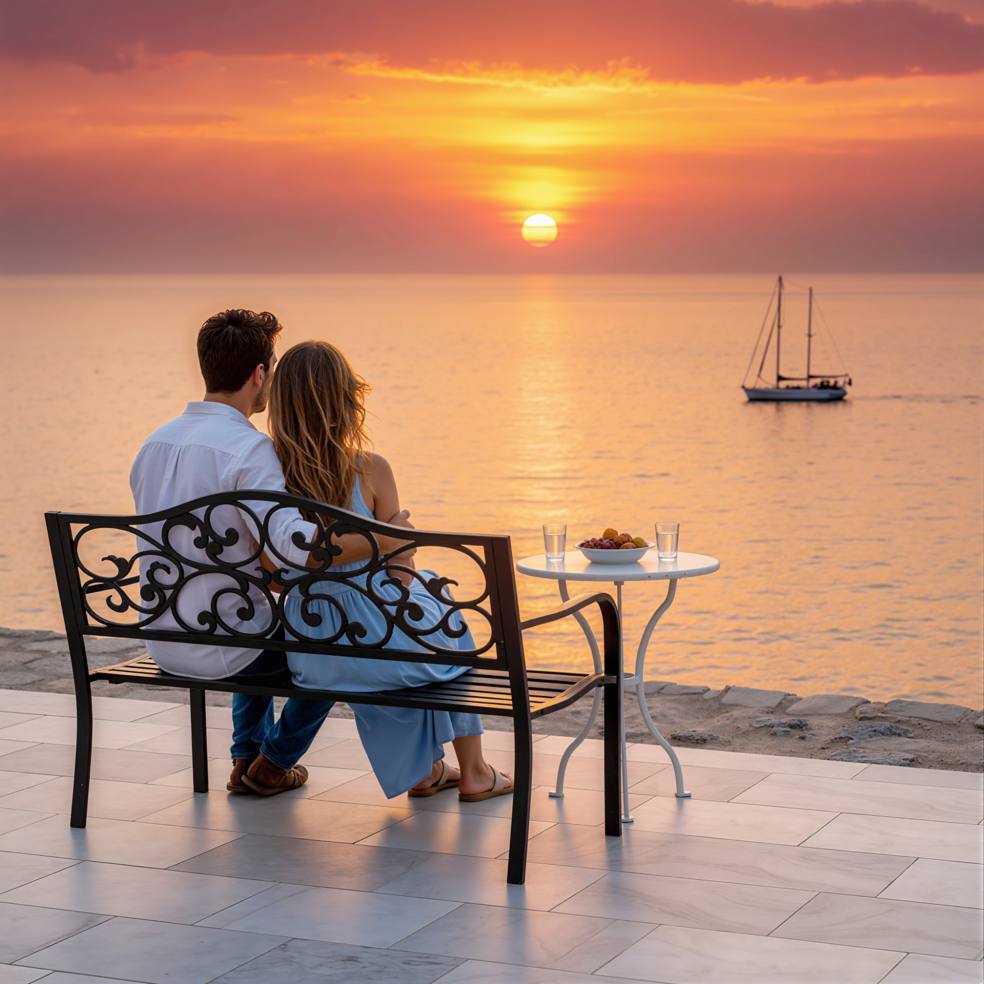 Una coppia seduta su una panchina guarda un tramonto sul mare. Una barca a vela è visibile.