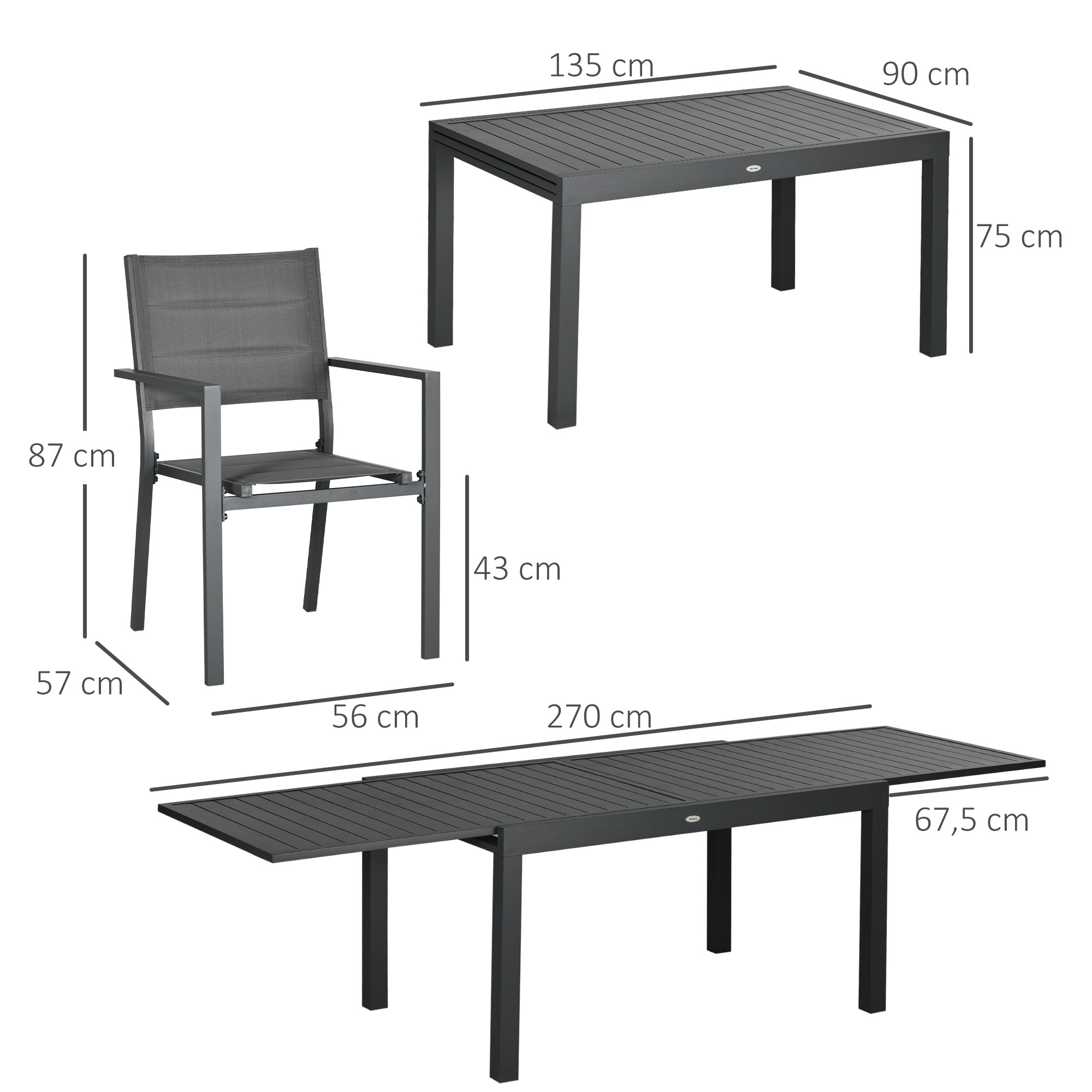 Una silla gris y una mesa extensible con dimensiones.