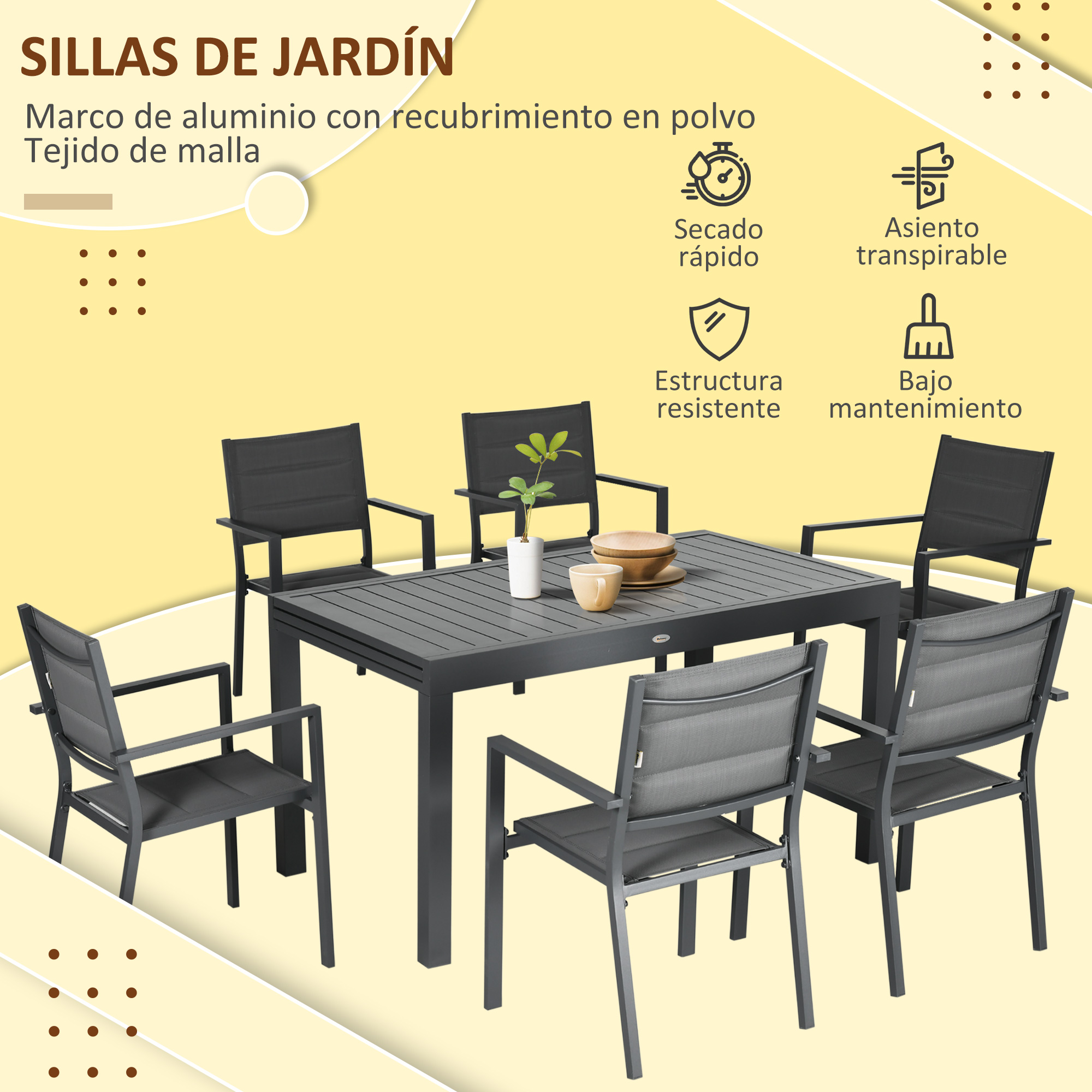 Una mesa de jardín de metal oscuro con seis sillas. Decoraciones y texto en la imagen.