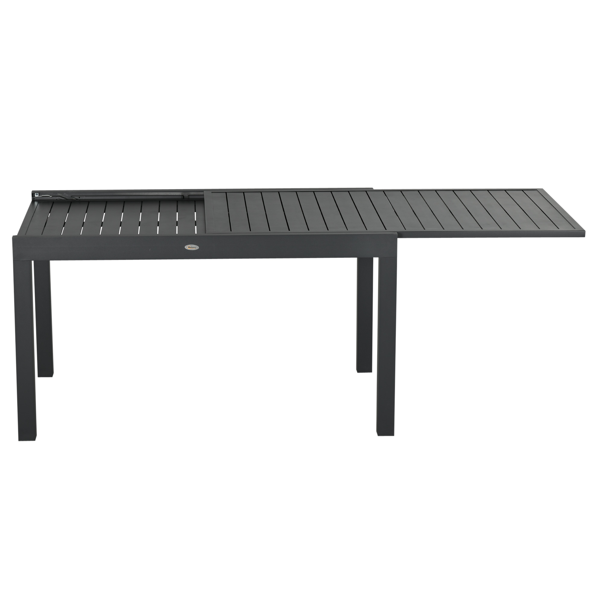 Una mesa extensible gris con superficie de lamas y cuatro patas.