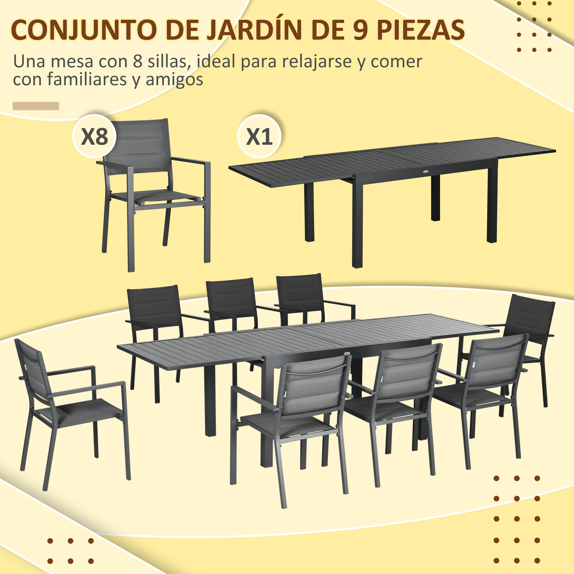 Un conjunto de muebles de jardín gris oscuro con mesa extensible y ocho sillas.