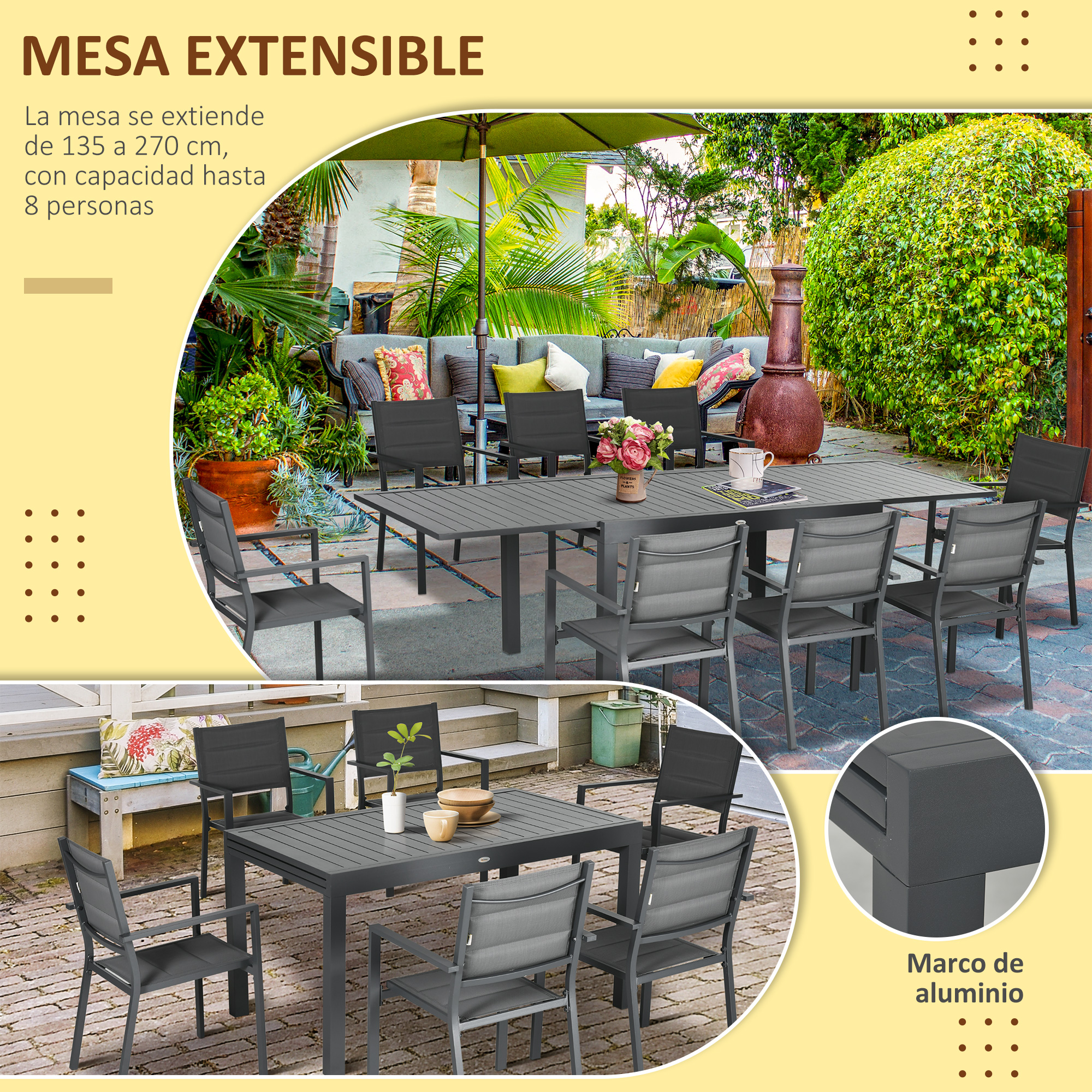 Una mesa de comedor extensible de aluminio para exteriores con ocho sillas.