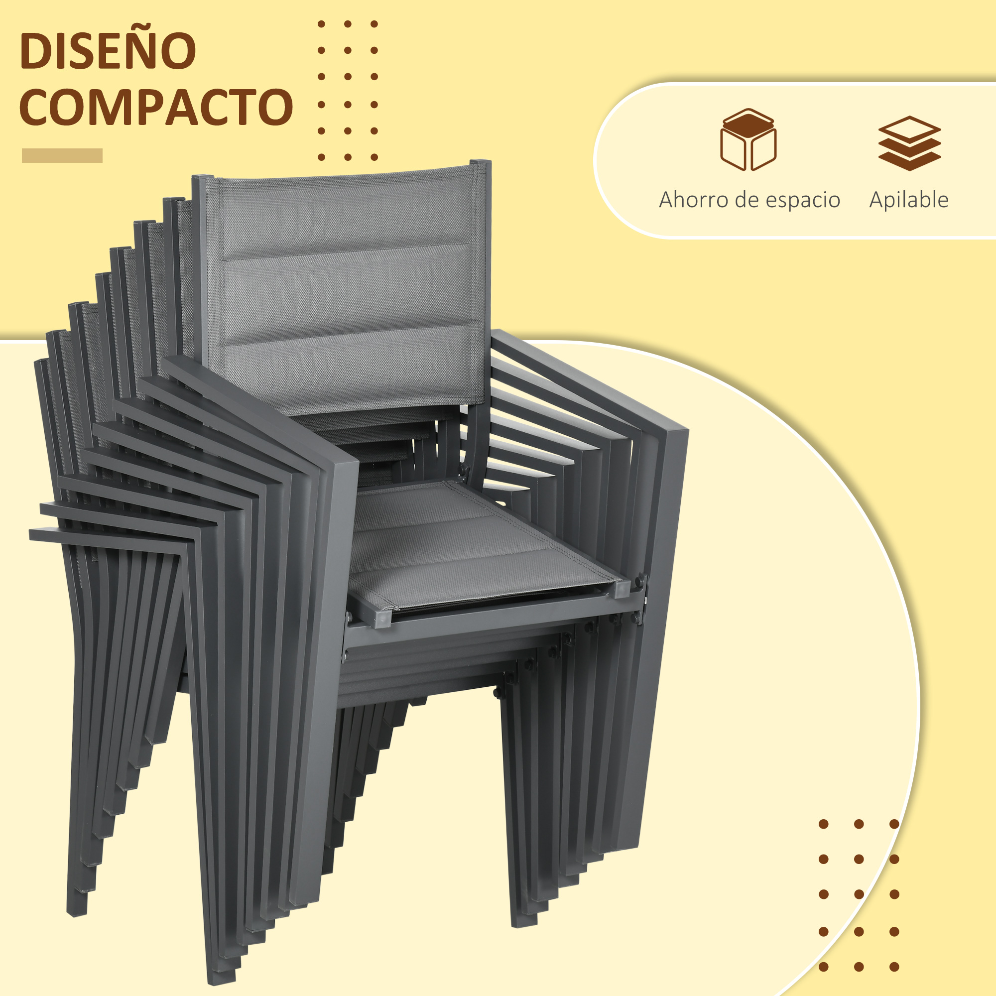 Varias sillas de jardín grises apiladas de forma compacta.