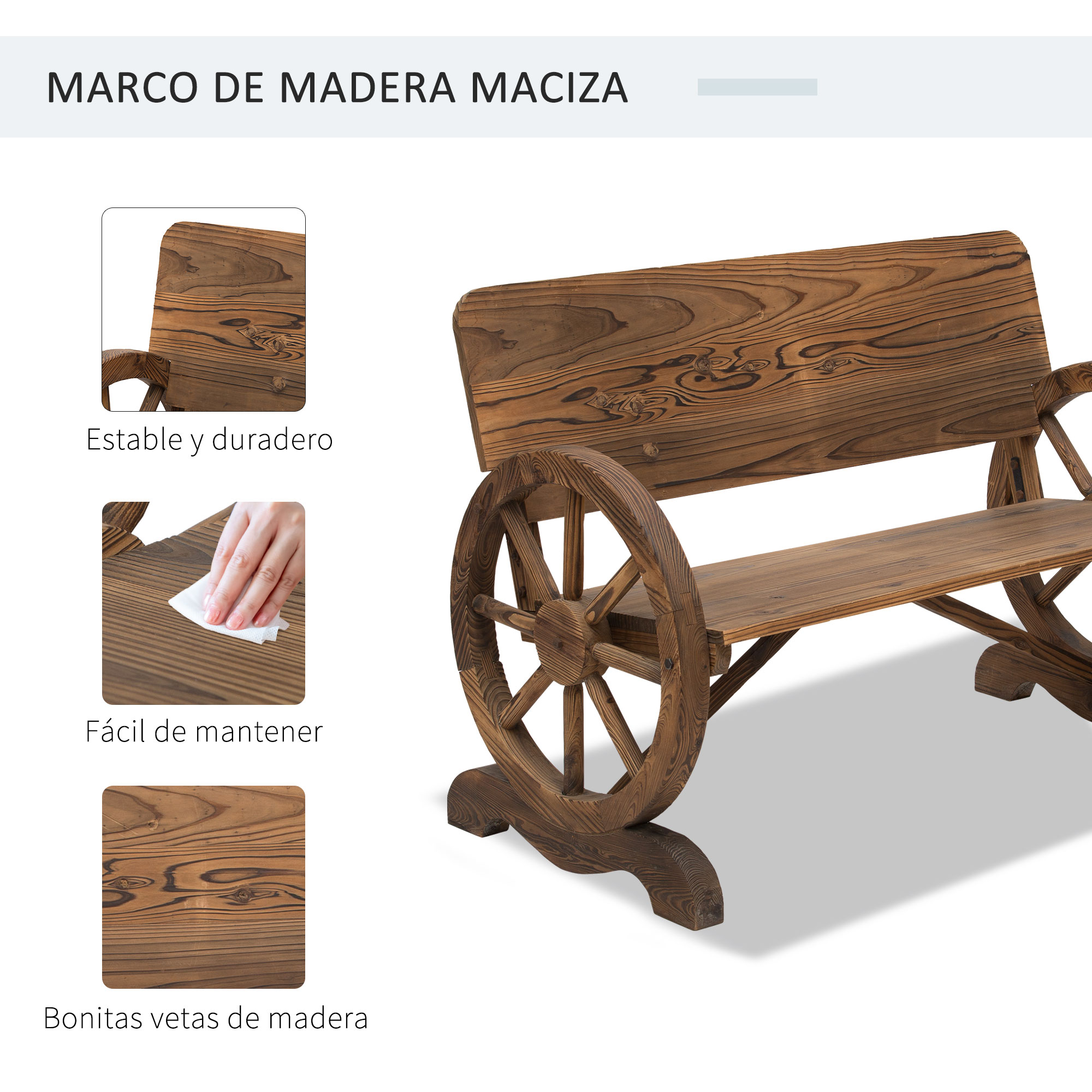 Banco de madera con laterales estilo rueda de carro y veta de madera visible.