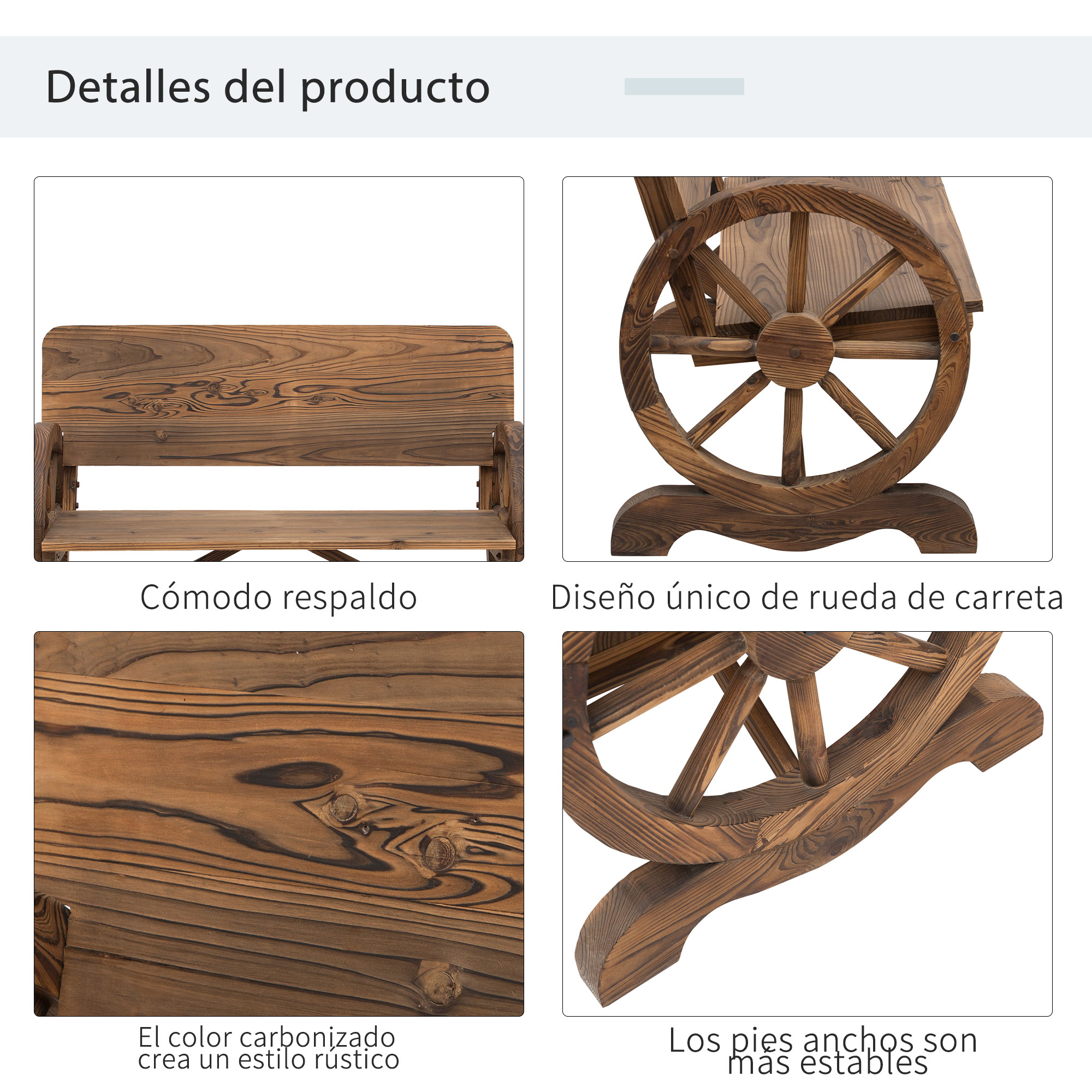 Banco de madera con detalle de rueda de carreta, textura y pies anchos.
