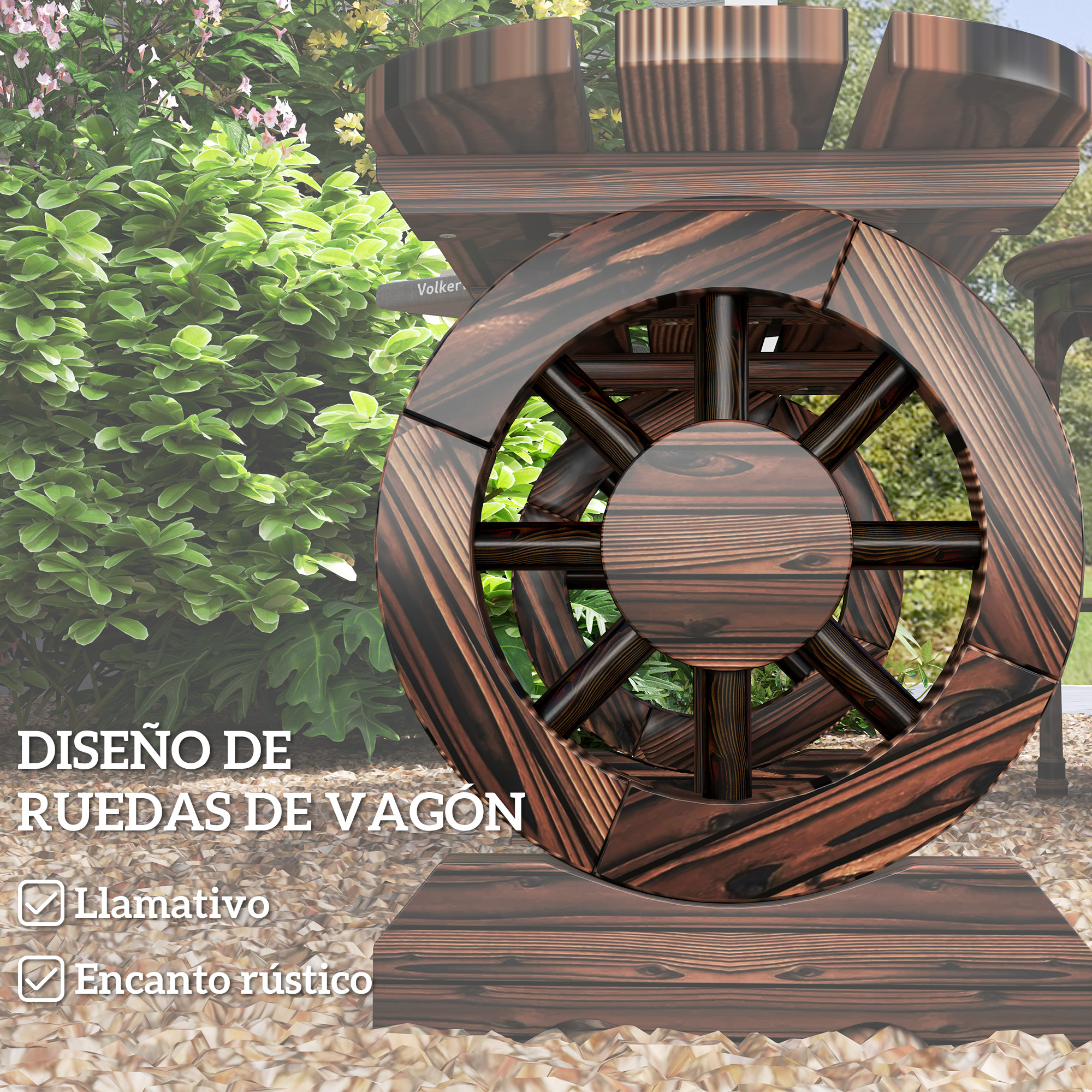 Diseño de rueda de carro de madera con arbustos y flores al fondo.