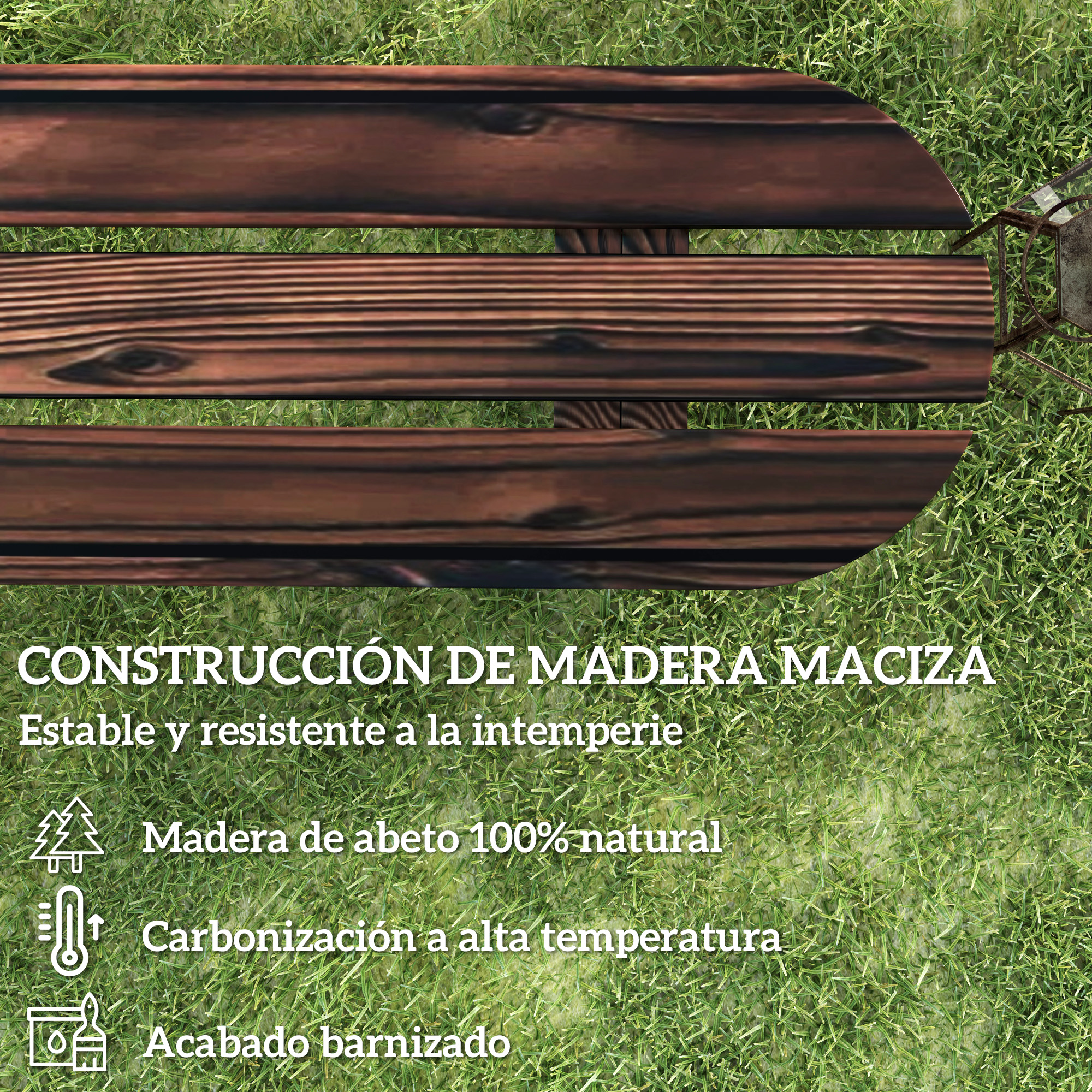 Banco de madera sobre césped con texto. Abeto natural, carbonizado, barnizado.
