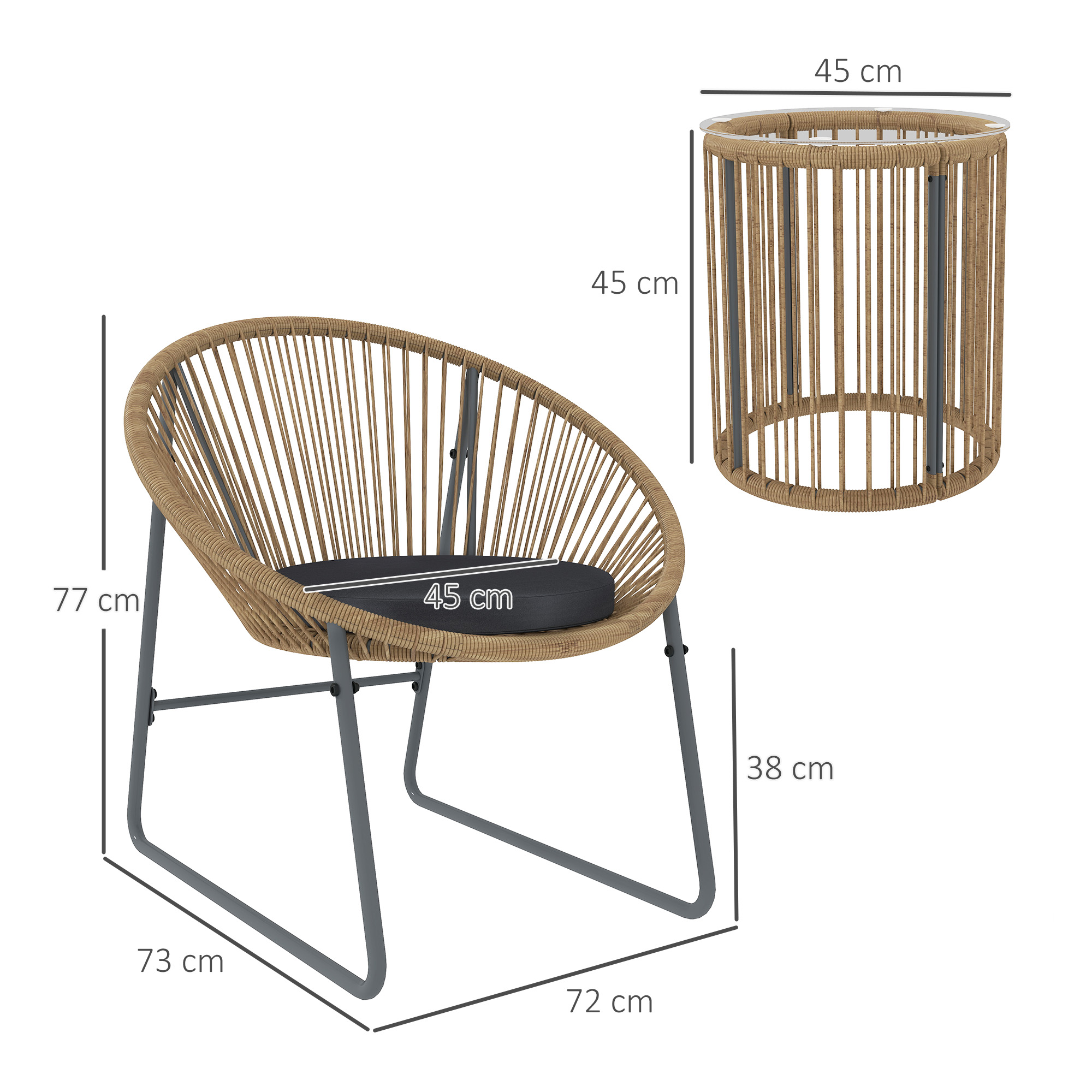 Sedia in rattan marrone con gambe in metallo grigio e tavolo rotondo.