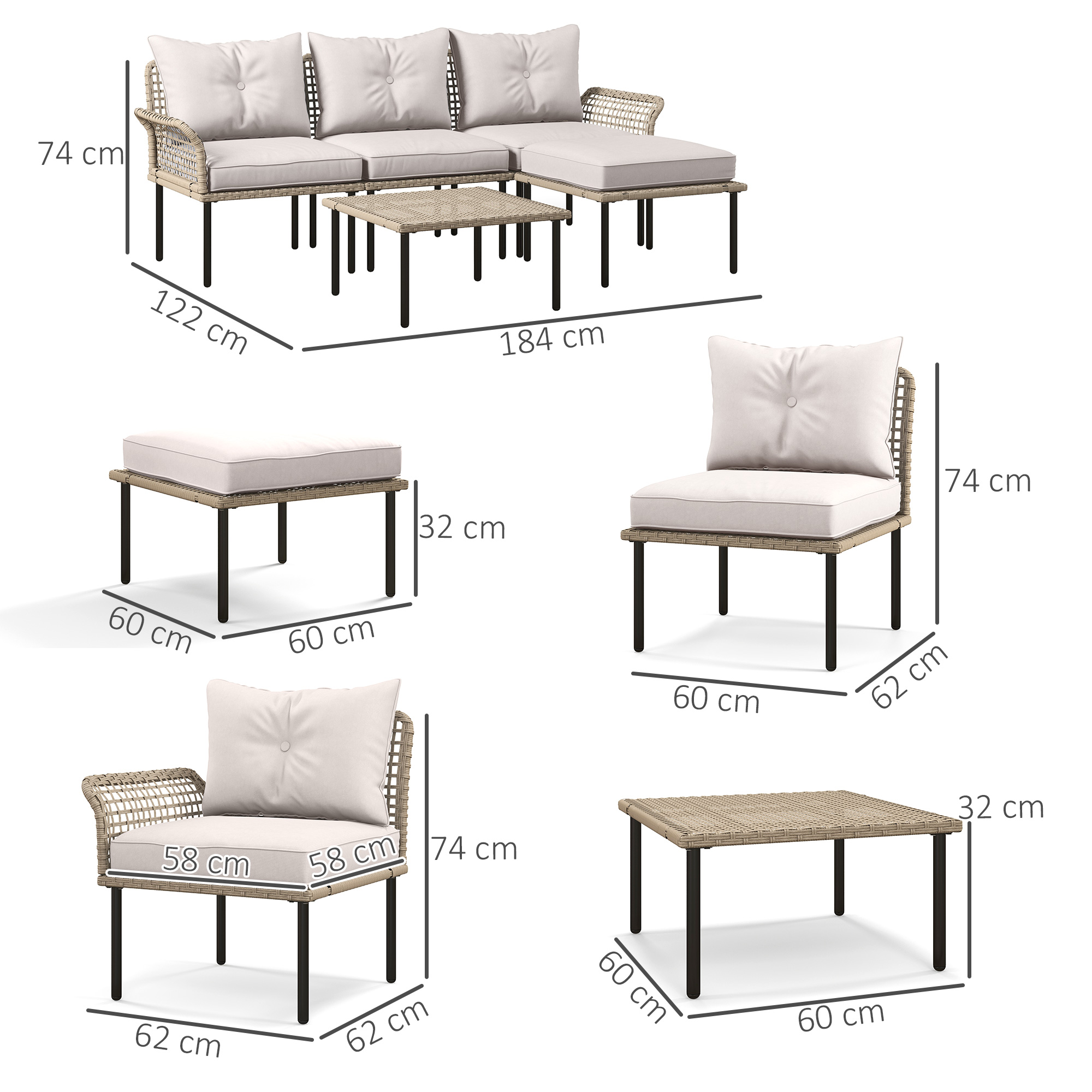 Sofá seccional de mimbre, silla, otomana y mesas con dimensiones mostradas.