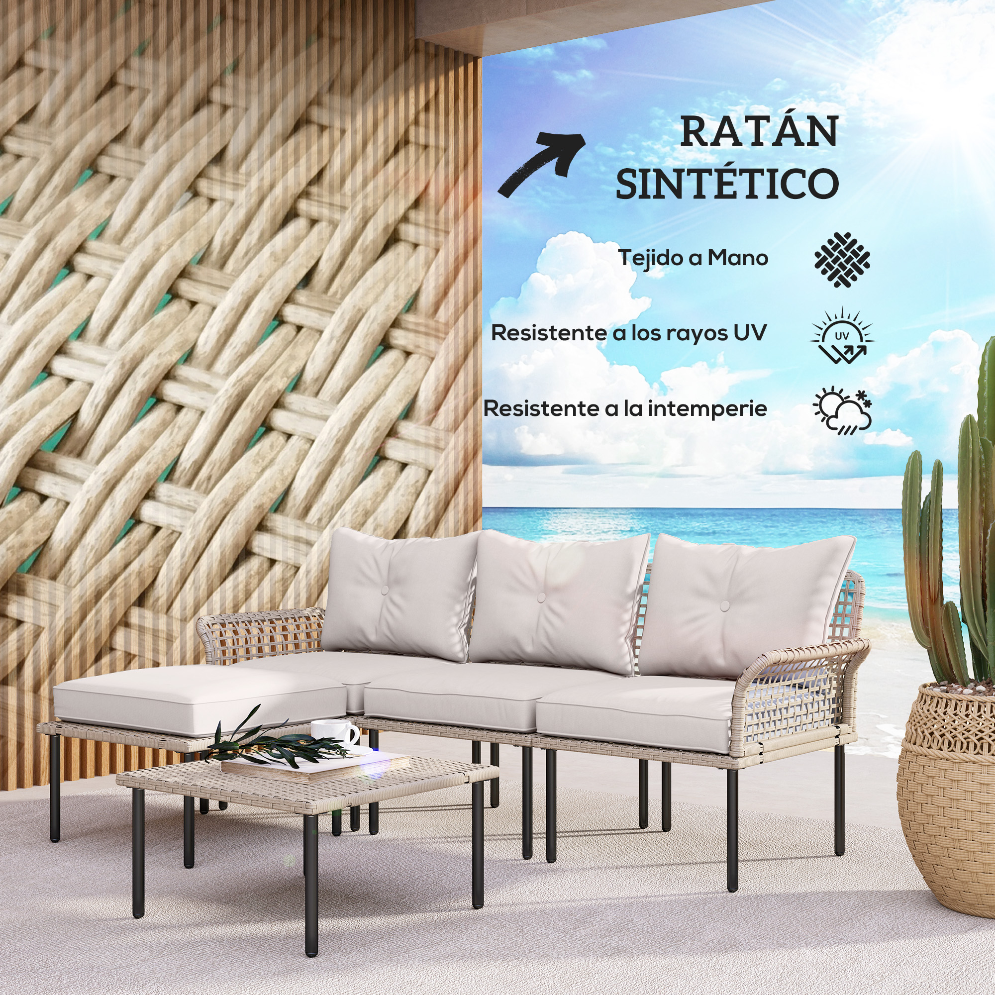 Sofá y mesa de centro de ratán tejido en playa con cactus.
