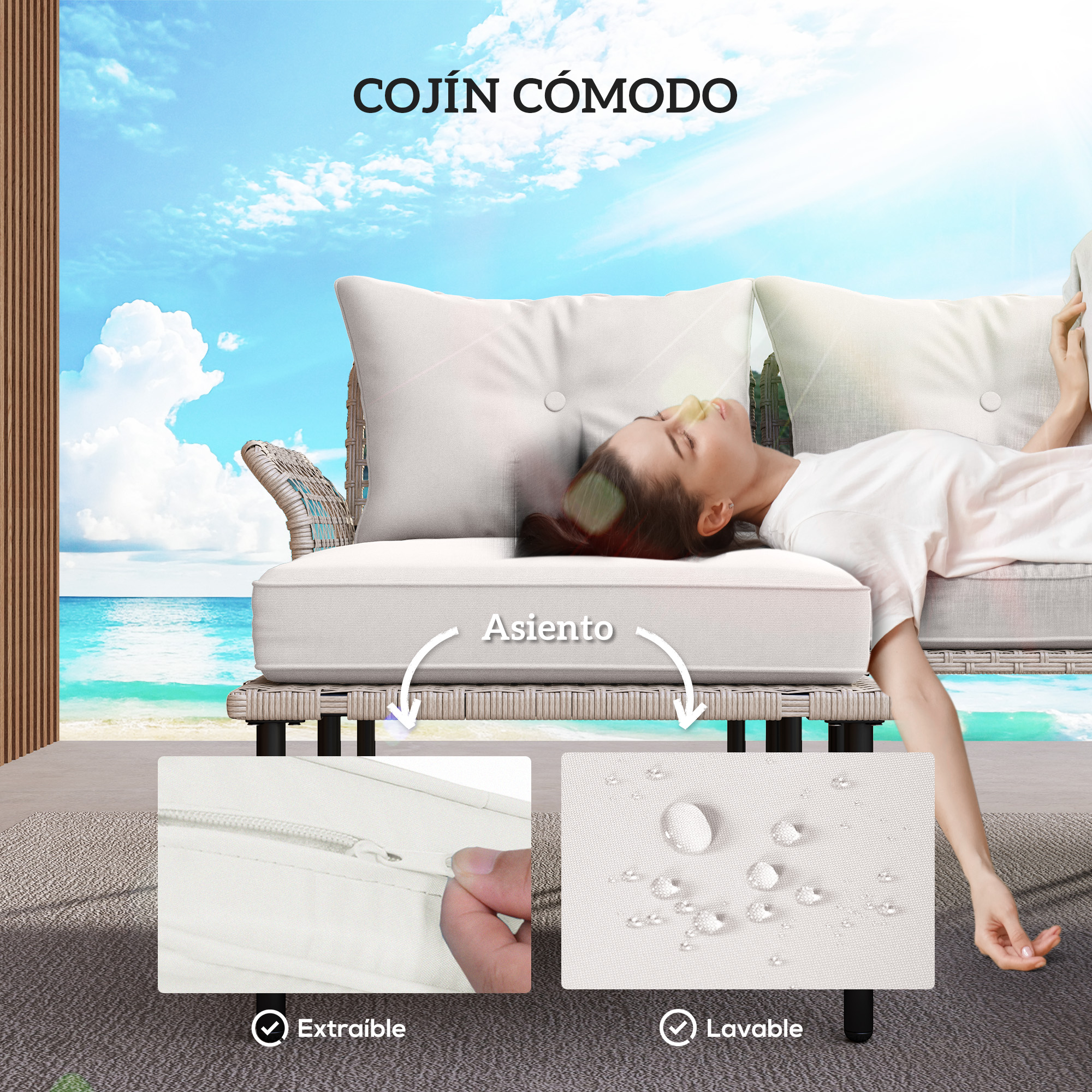 Mujer descansa en cojín blanco junto a playa tropical. Primeros planos muestran cremallera y gotas de agua.