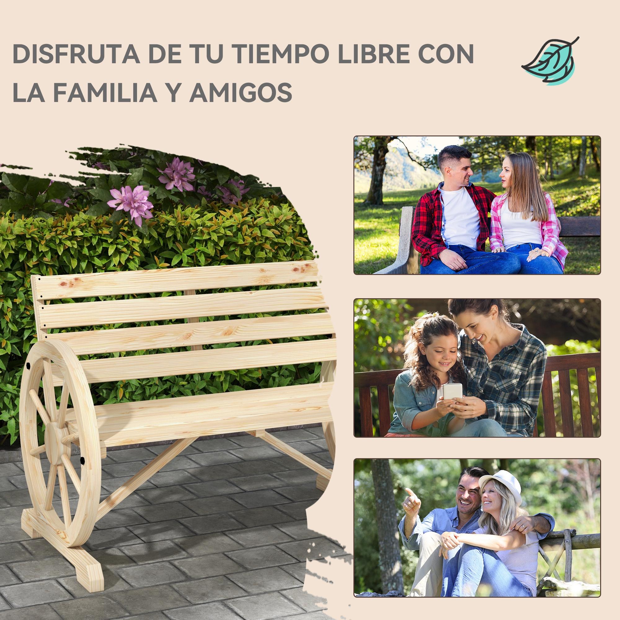 Banco de madera con detalle de rueda de carro, junto a tres imágenes de parejas y familia al aire libre.