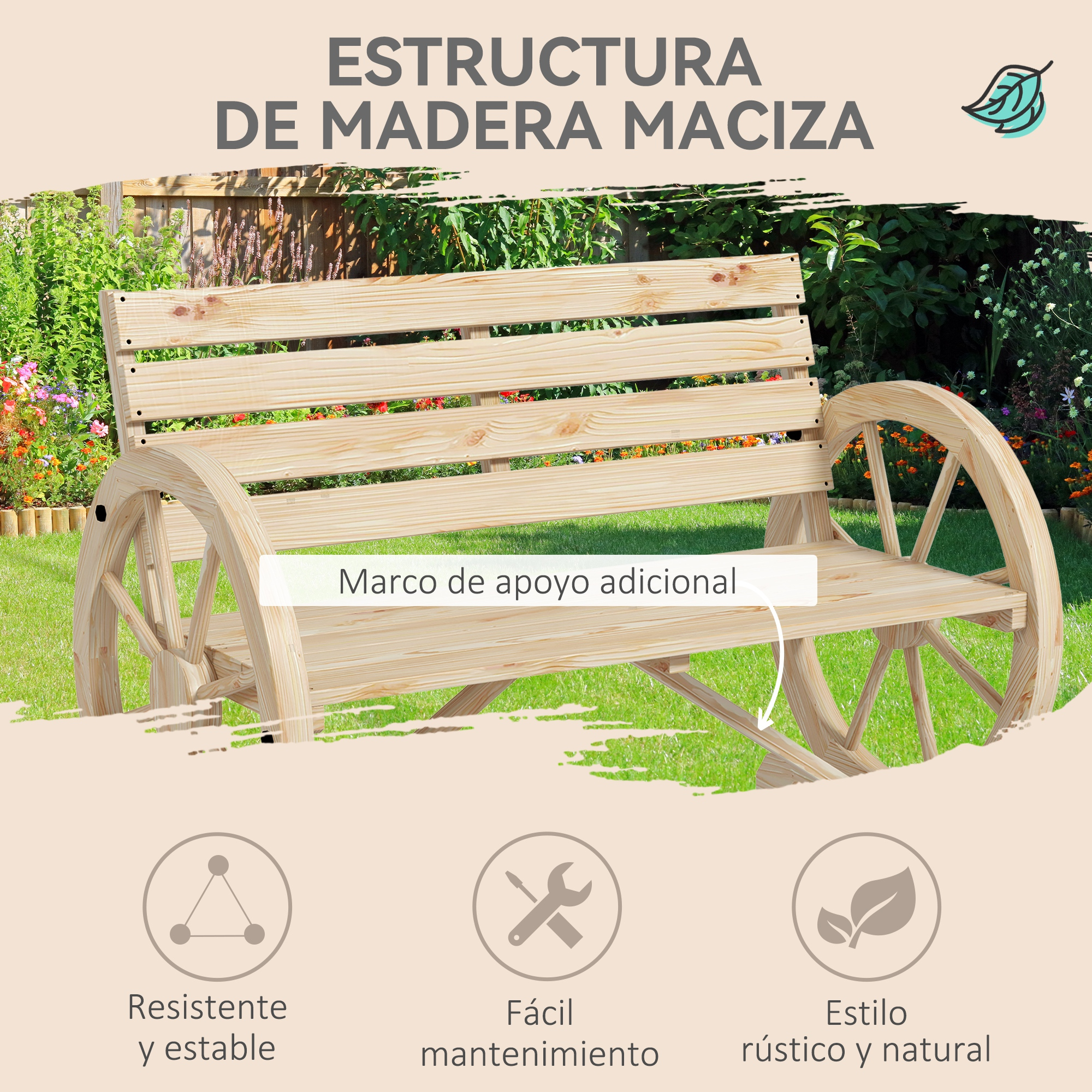 Banco de madera con ruedas en jardín. Texto: Estructura de madera maciza.