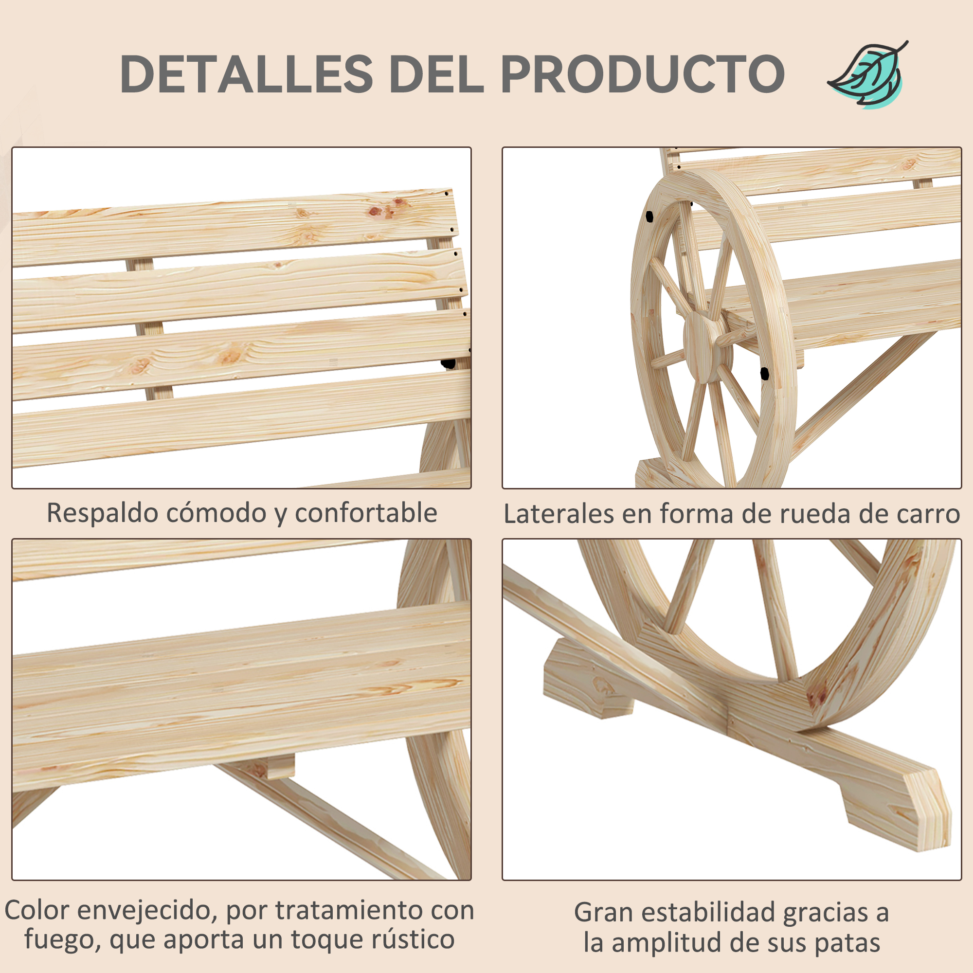 Detalles de banco de rueda de carro de madera con respaldo y asiento.