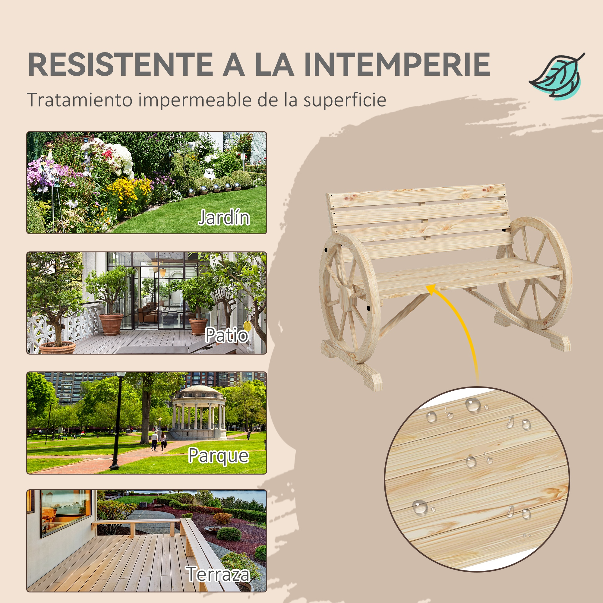 Banco de madera con ruedas, primer plano de gotas de agua en madera.