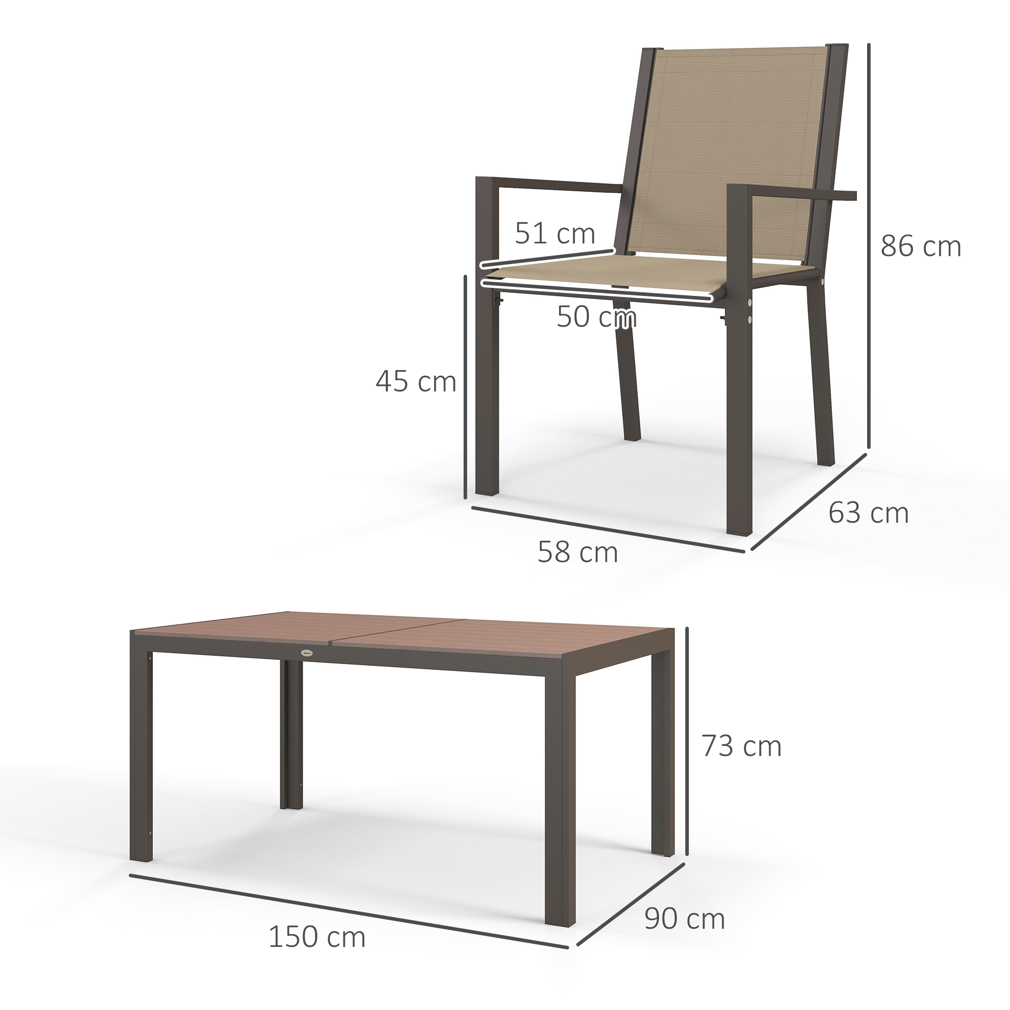 Una silla y una mesa con dimensiones se muestran sobre fondo blanco.
