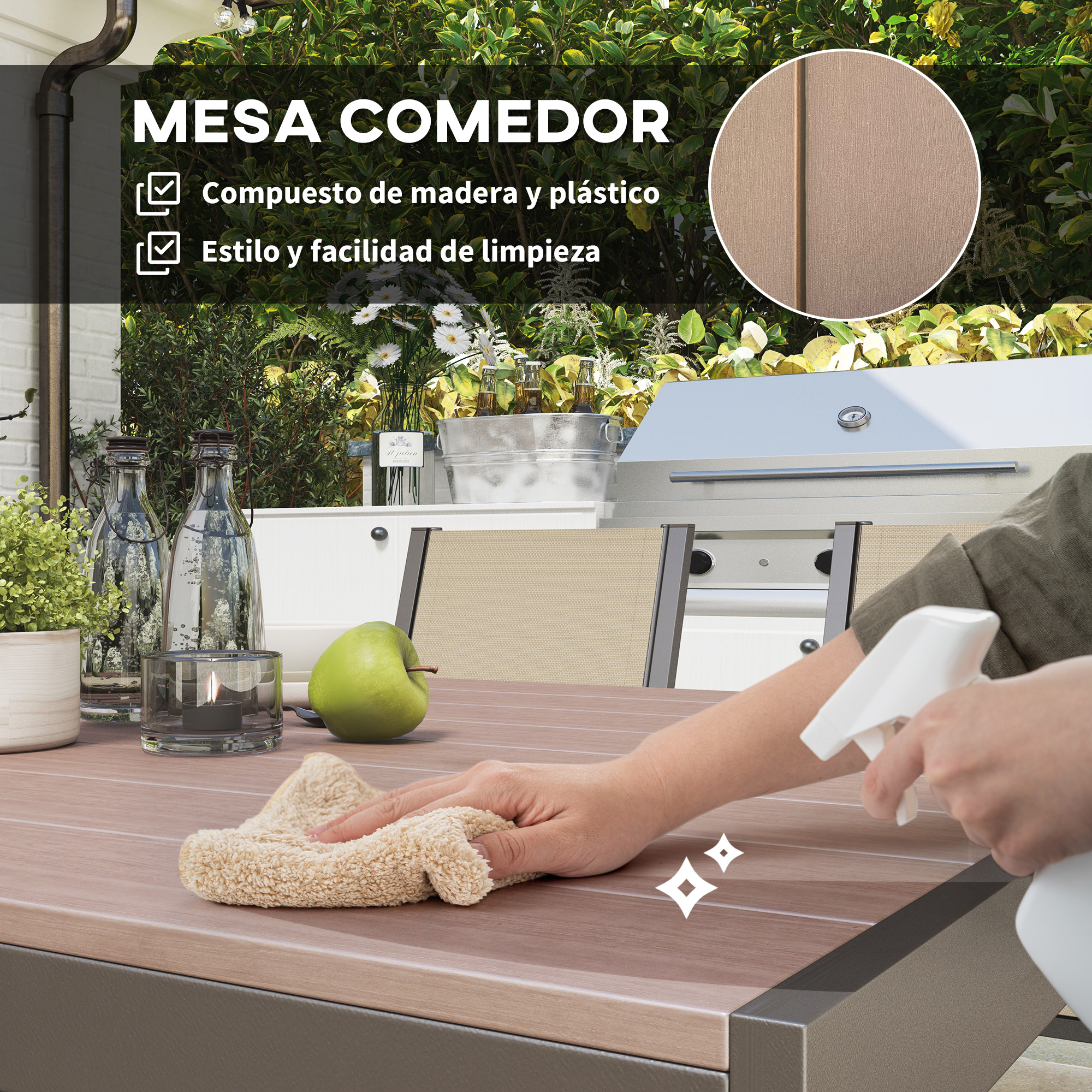 Una mano limpia una mesa de madera con un paño mientras sujeta un pulverizador cerca.