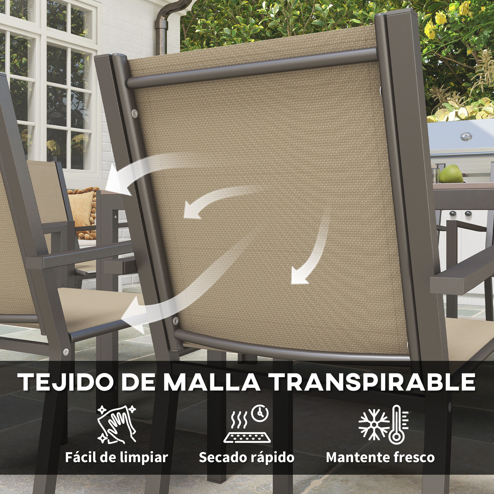 Sillas de exterior con tejido de malla transpirable, fácil de limpiar, secado rápido.