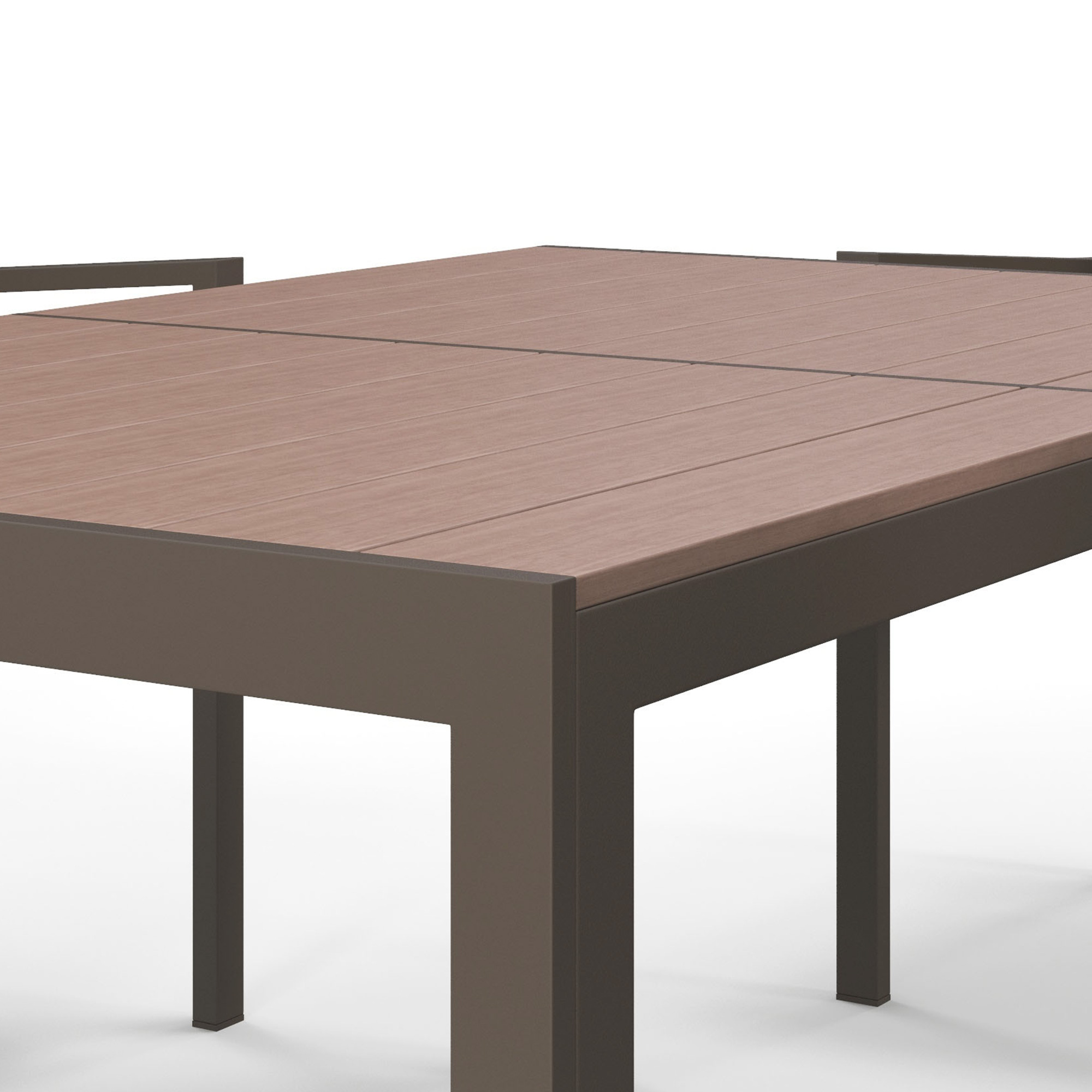 Una mesa rectangular con tablero de veta de madera y marco y patas de metal oscuro.