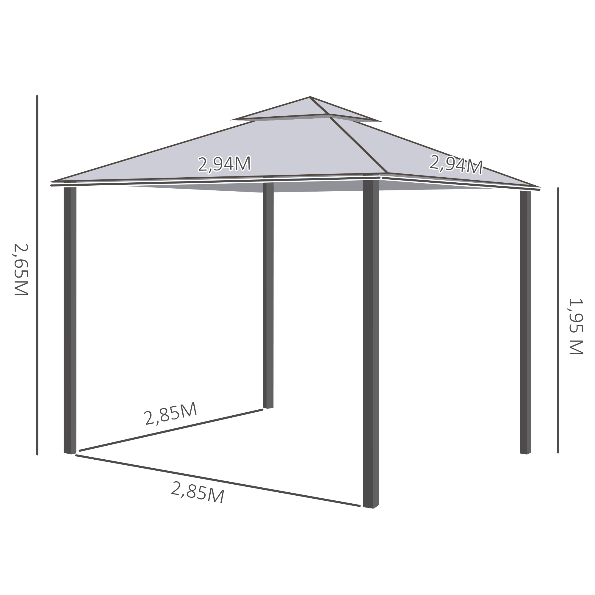 Un cenador con dimensiones de 2,85 m x 2,85 m y altura de 2,65 m.