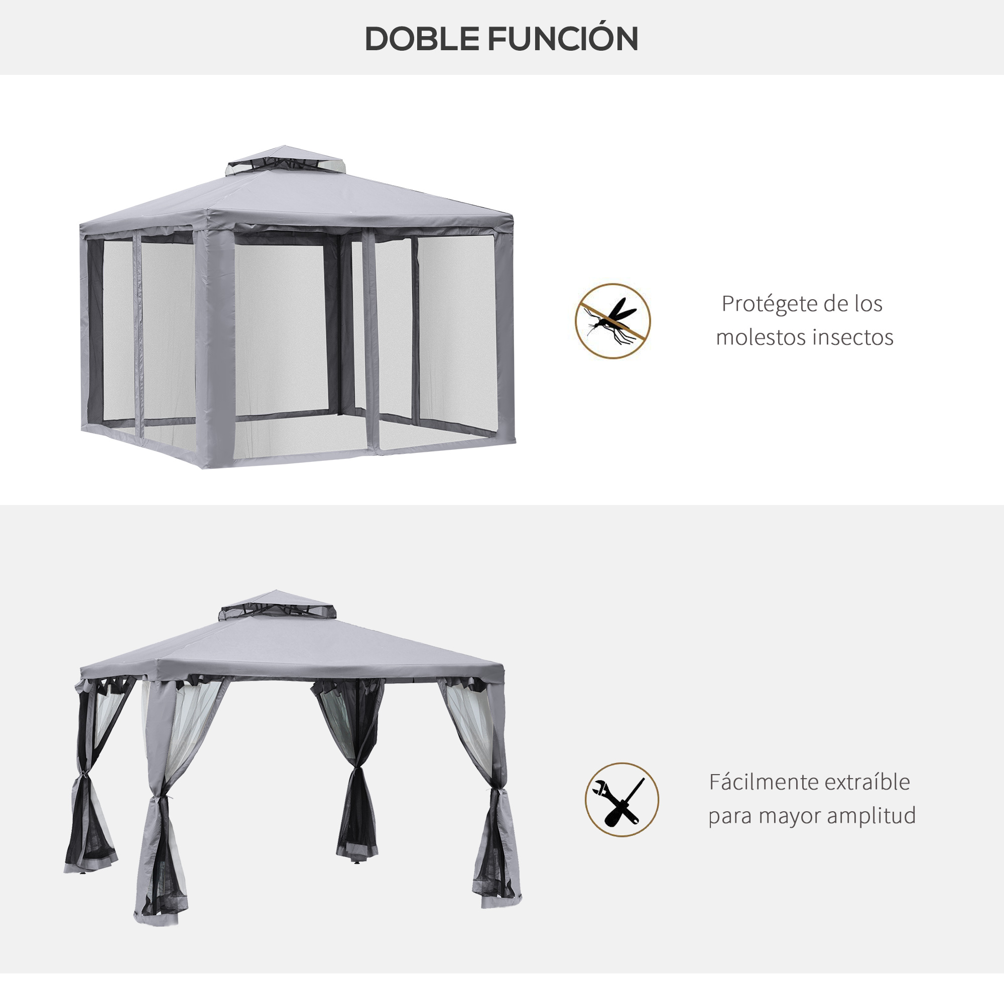 Pérgola gris con mosquitero y cortinas.