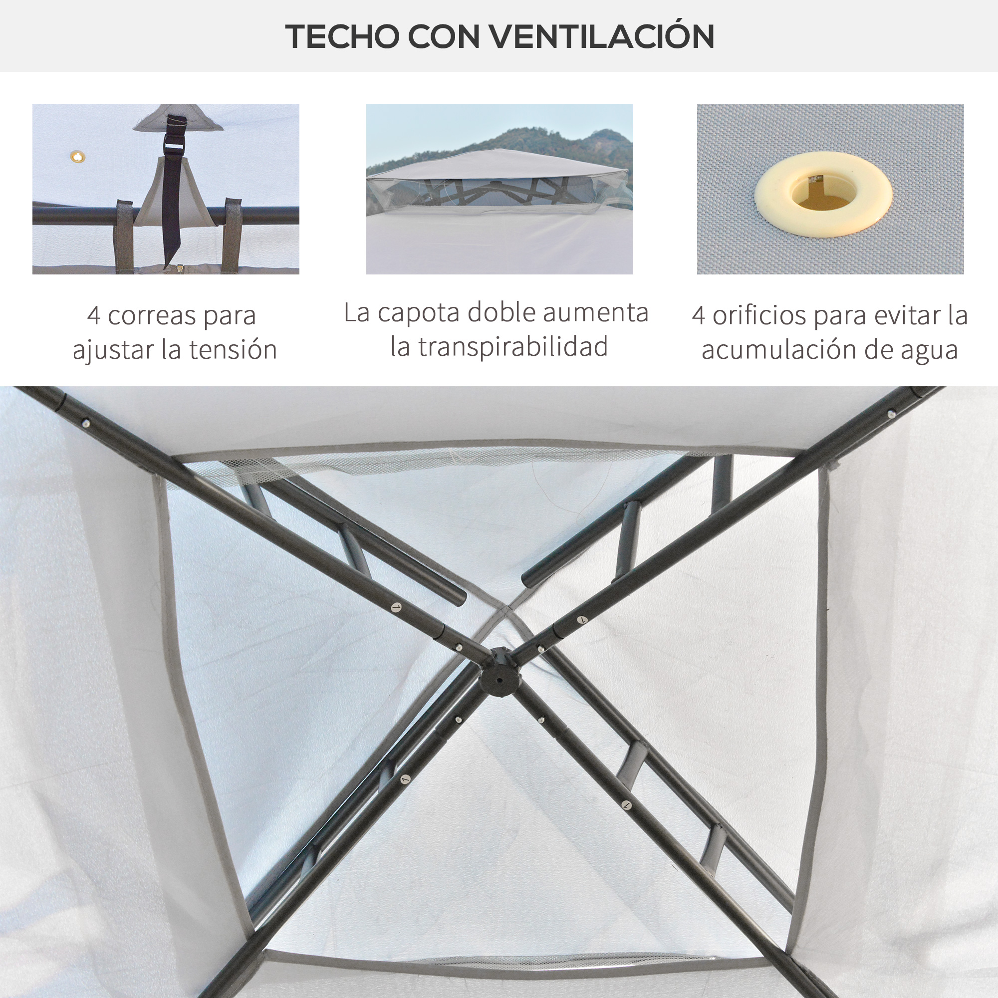 Techo ventilado: 4 correas, doble capota, 4 orificios.