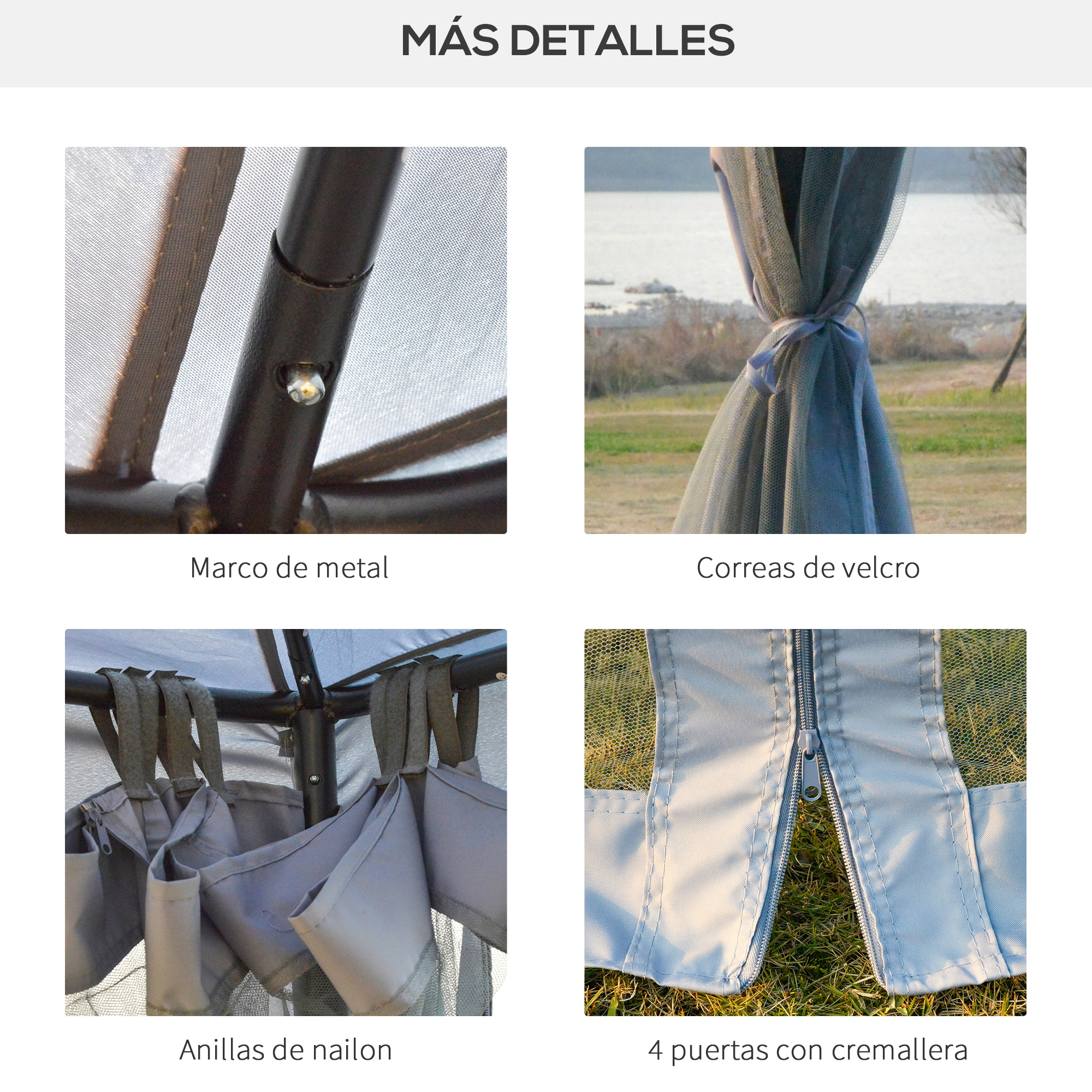Detalles: Marco de metal, correas de velcro, anillas de nailon, puertas.