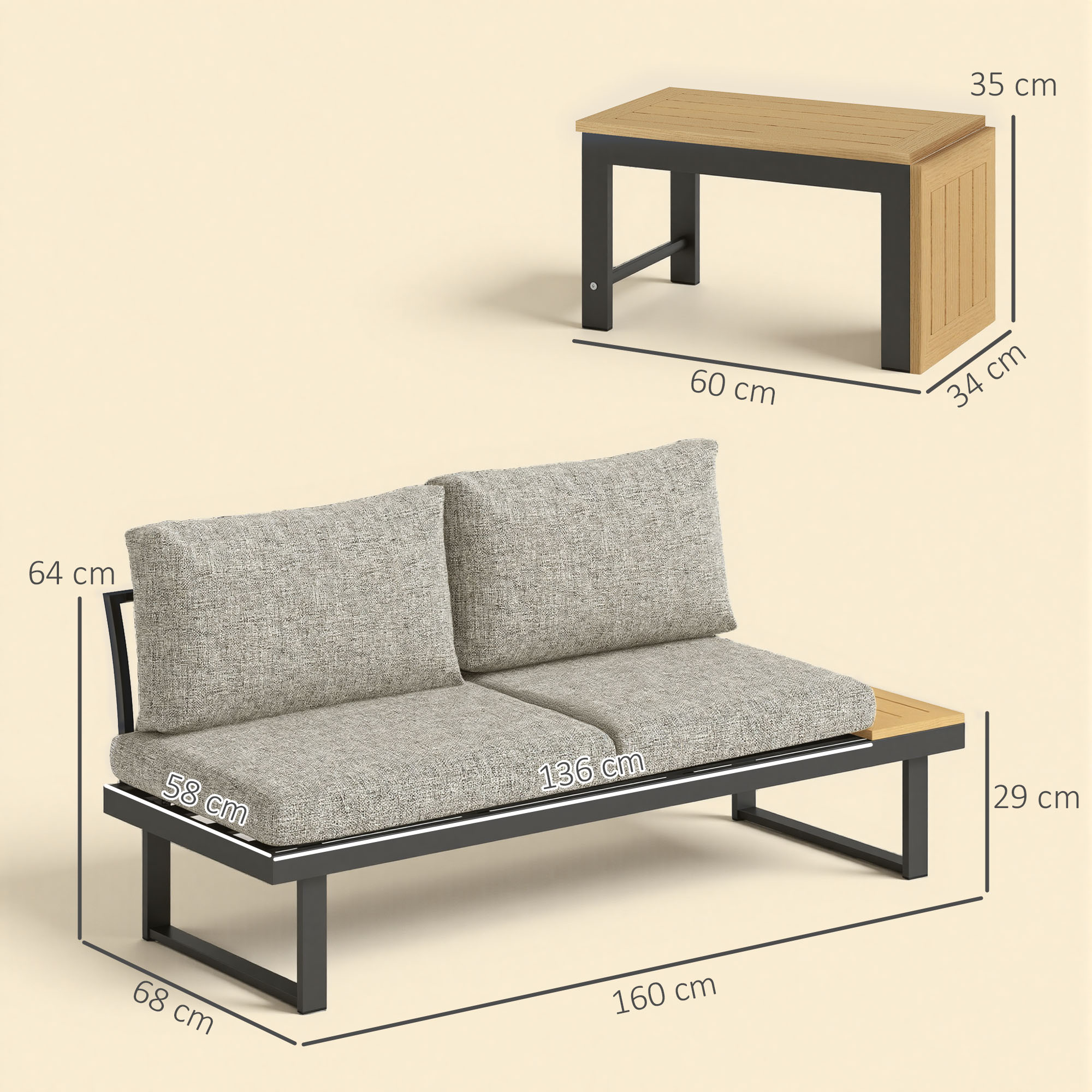 Un sofá gris con dos cojines y una mesa de madera con patas negras.