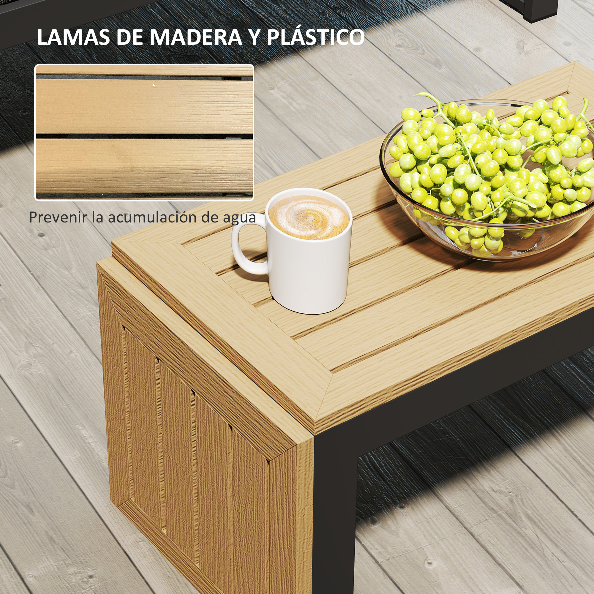 Banco de madera con taza de café y uvas en cuenco, sobre suelo de madera.