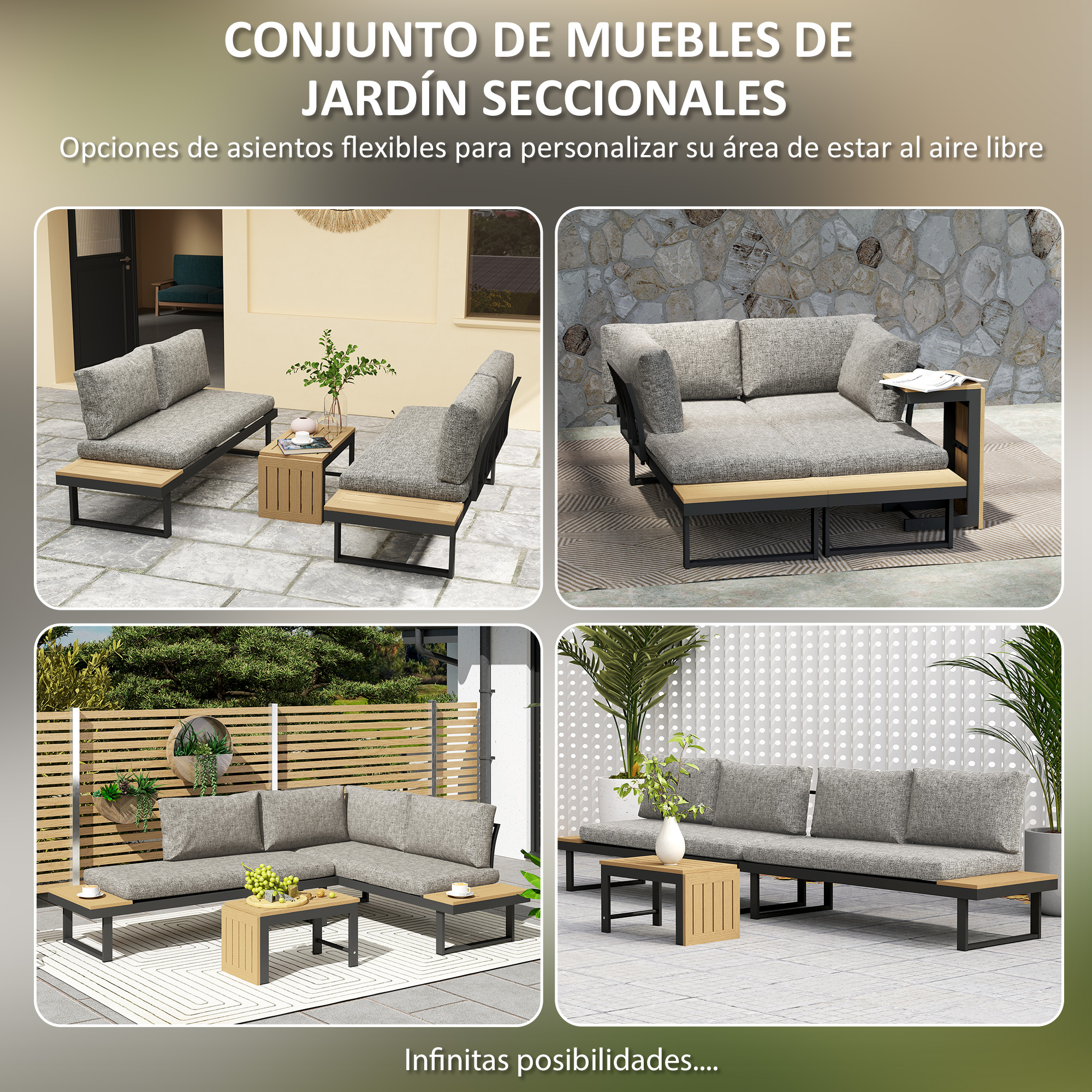 Cuatro imágenes de muebles modulares grises para exteriores con detalles de madera.