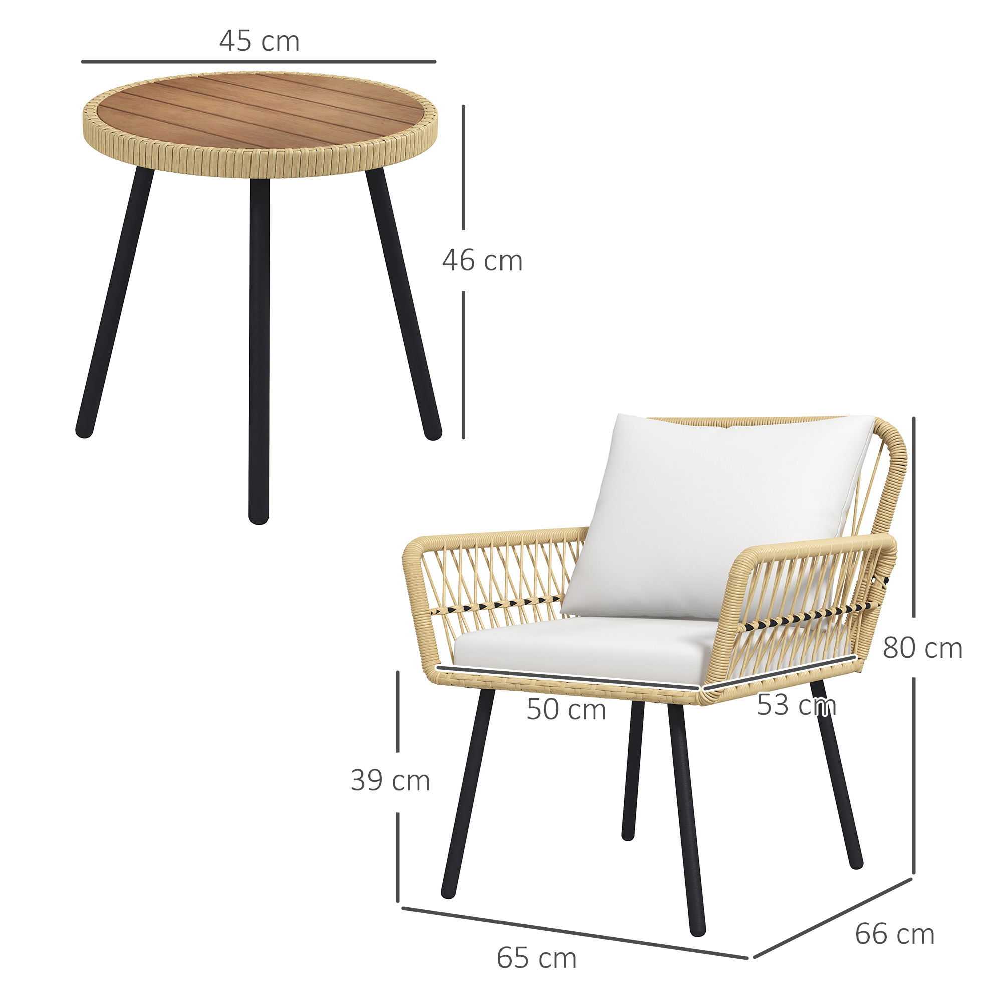 Una mesa redonda y un sillón con cojines blancos y patas negras.
