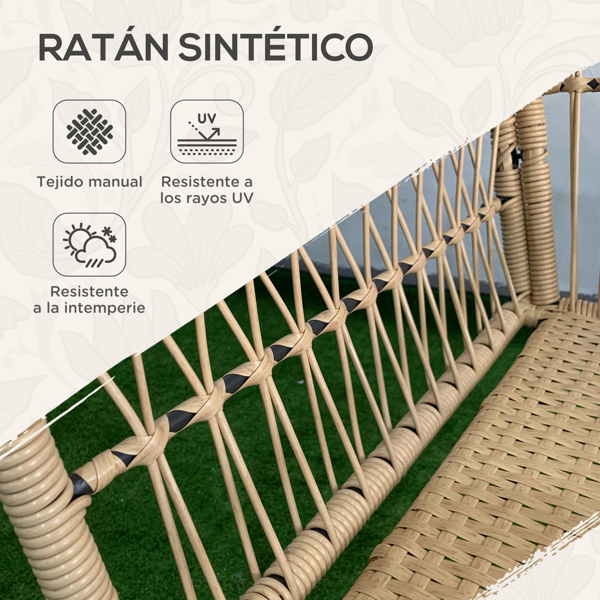 Primer plano de silla de ratán color natural, con textura tejida e iconos de resistencia UV y clima.