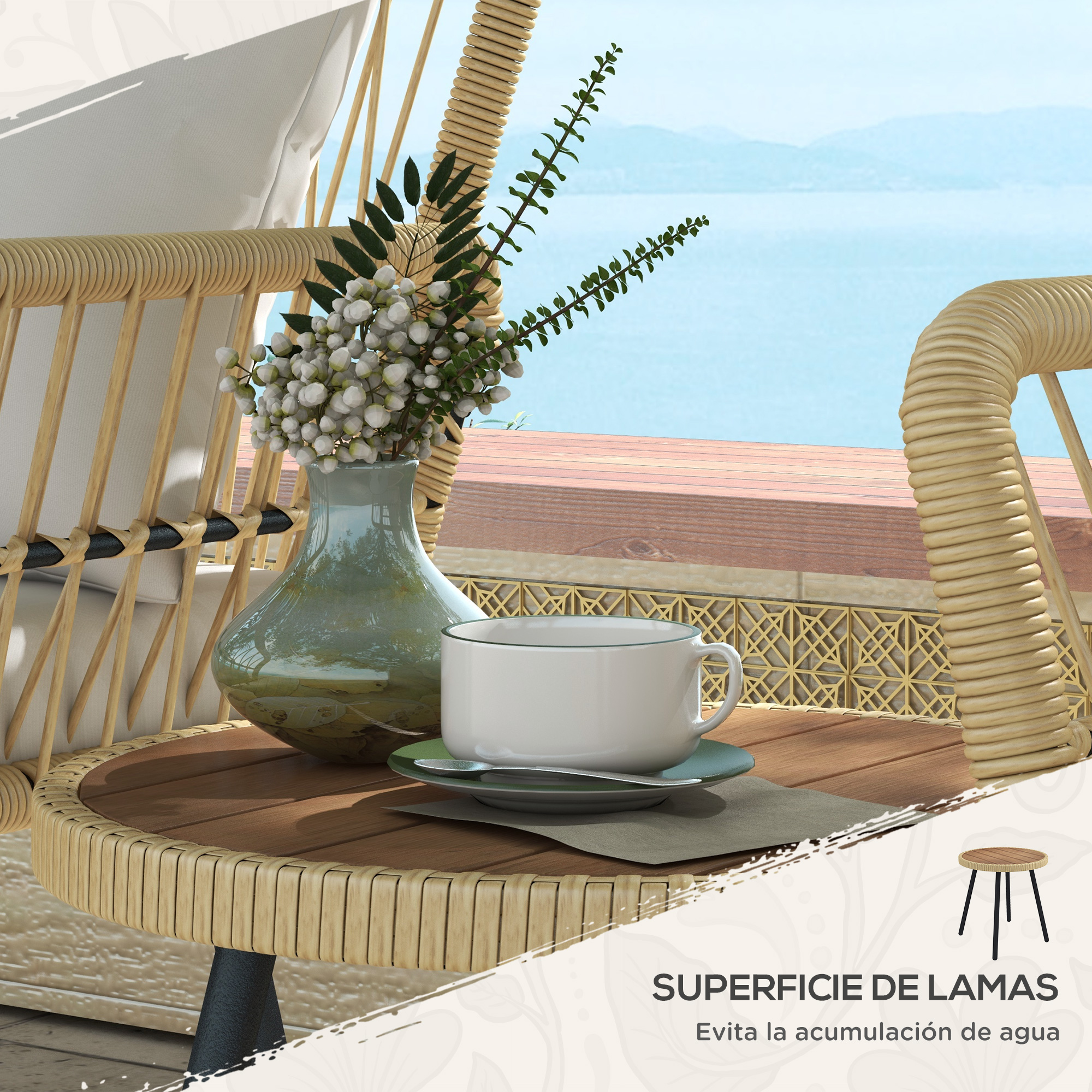 Taza de café en una mesa con flores, con vistas al mar.