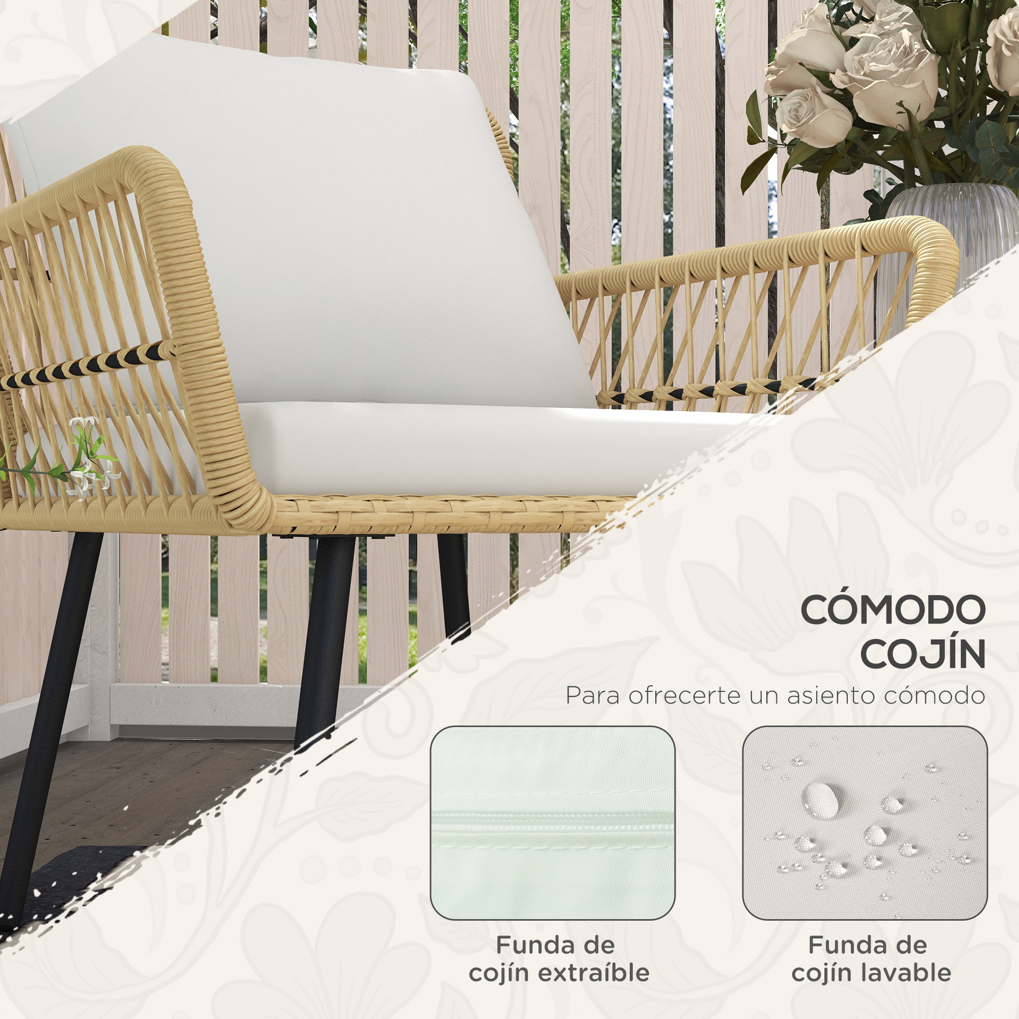 Sillón de ratán con cojín blanco y flores en balcón.