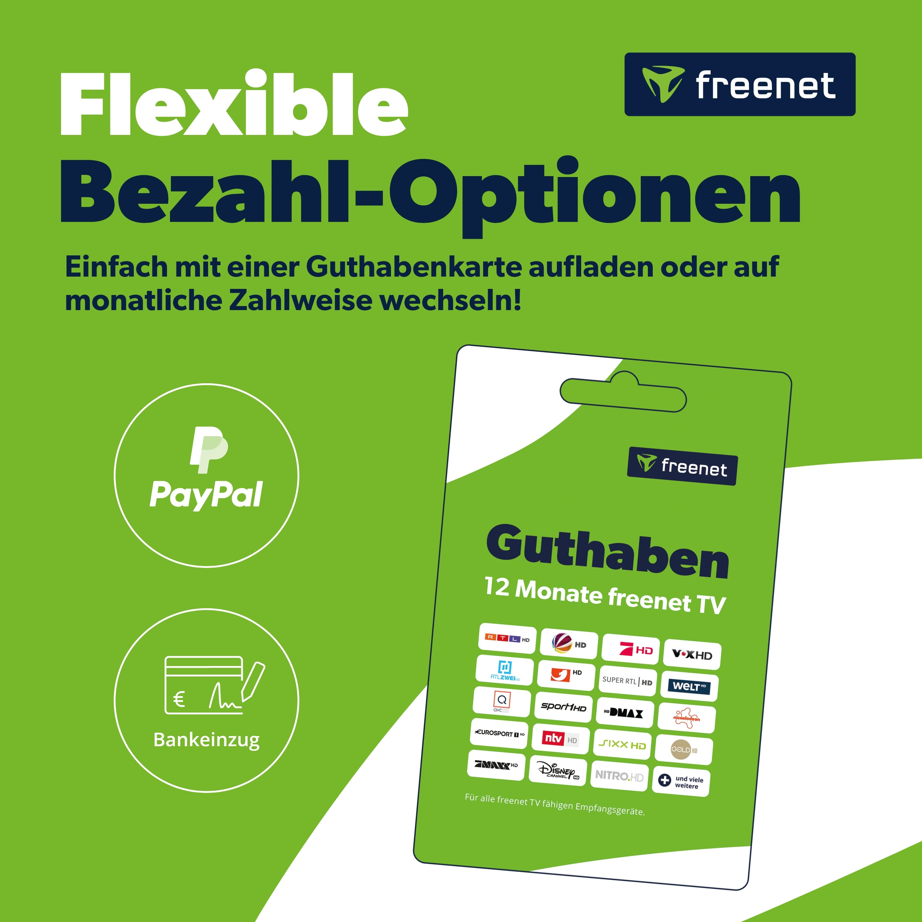 Freenet Guthabenkarte mit 12 Monaten TV-Angebot und Logos von Sendern.