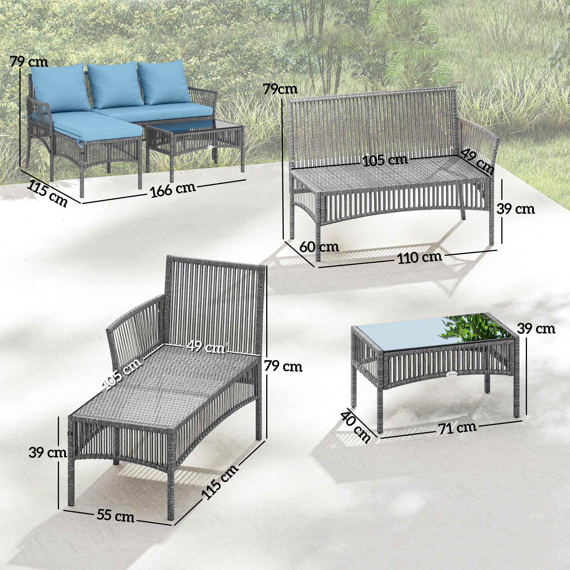 Muebles de jardín grises de ratán con cojines azules, medidas.