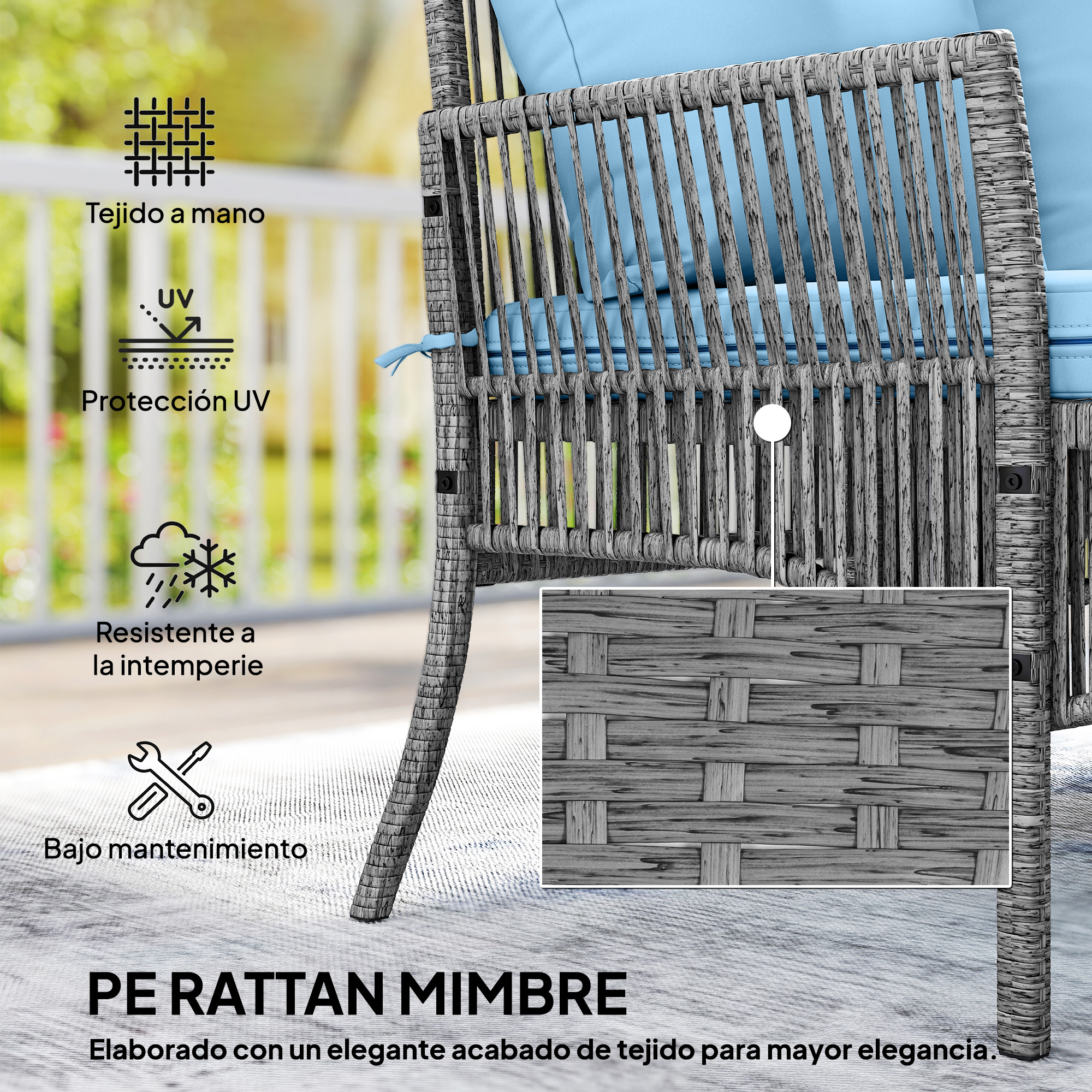 Silla de ratán gris con cojines azul claro, primer plano del tejido.