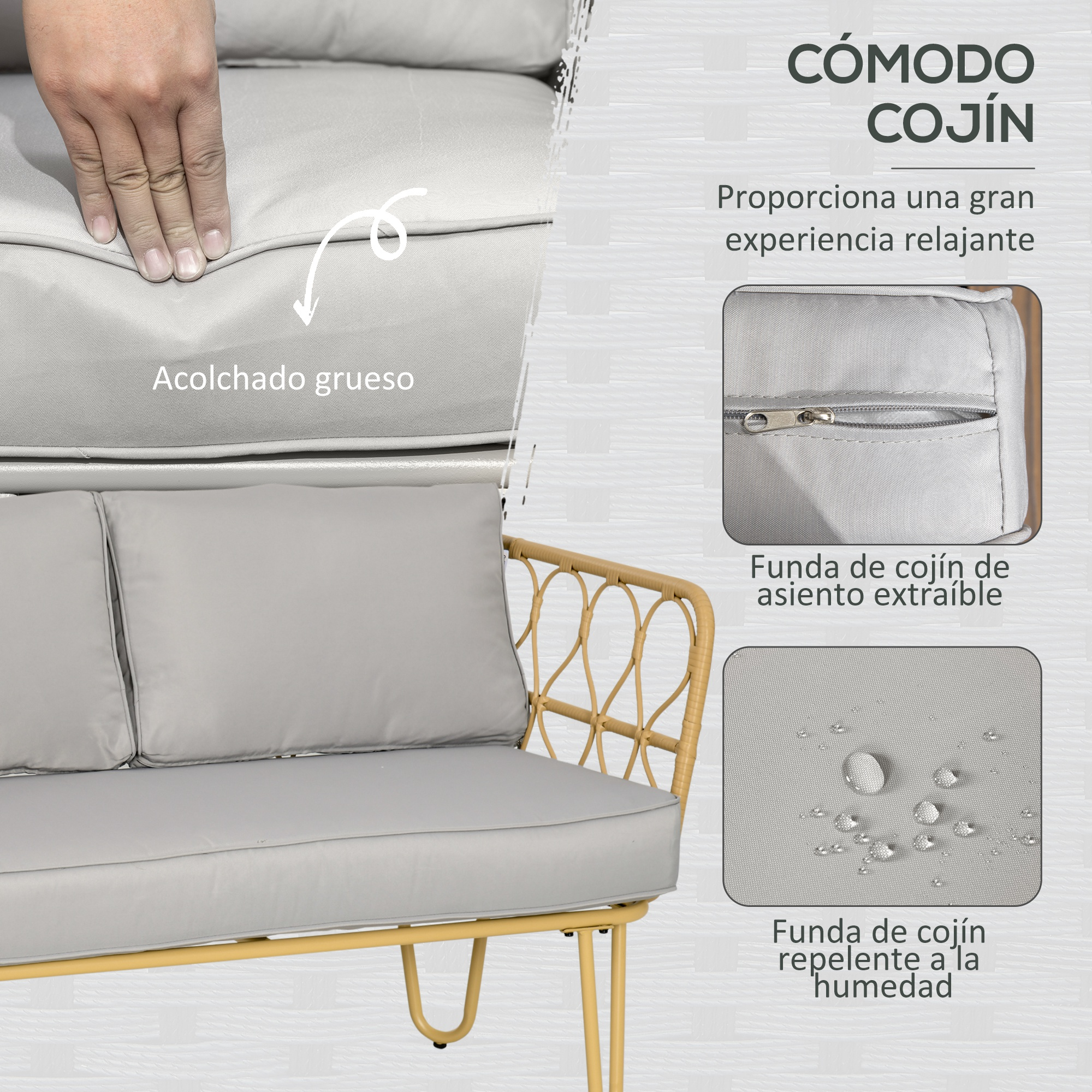 Cojines grises en sofá de ratán con estructura metálica amarilla. Se muestra cremallera y funda impermeable.