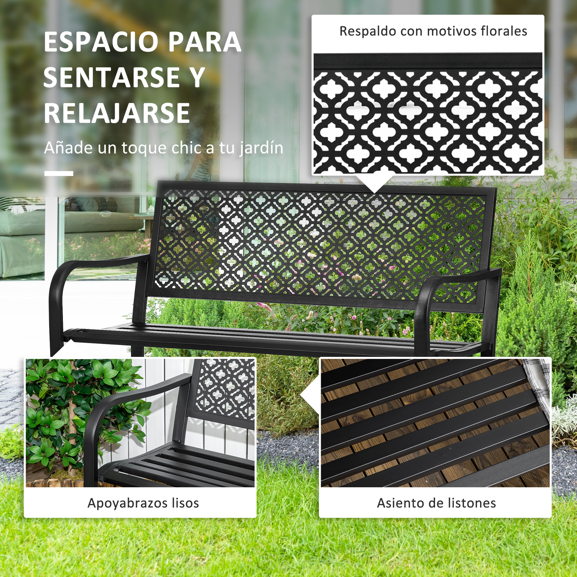 Banco de jardín negro con respaldo floral y asiento de listones. Reposabrazos lisos.
