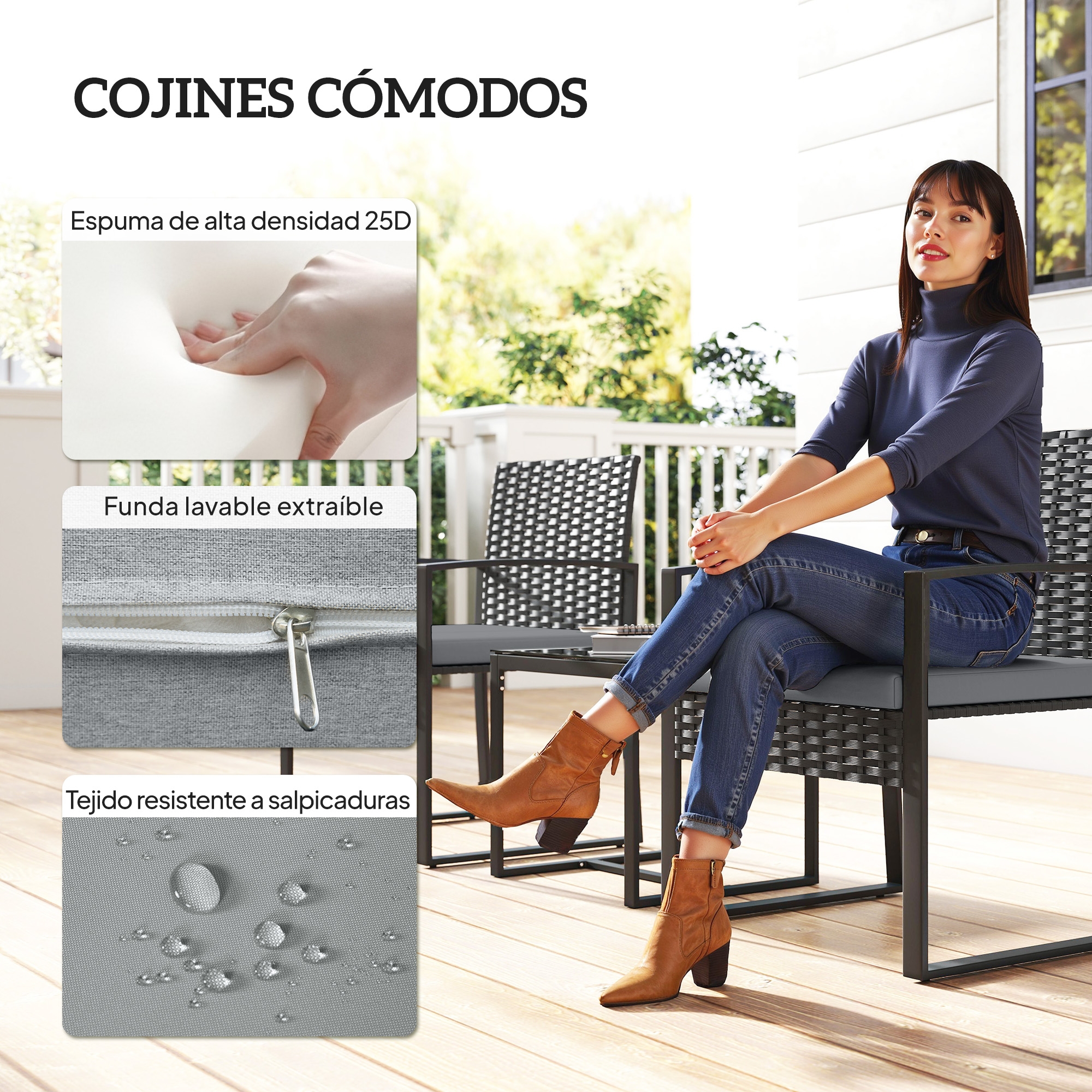 Mujer sentada en silla exterior mostrando detalles de espuma, cremallera y tejido impermeable.
