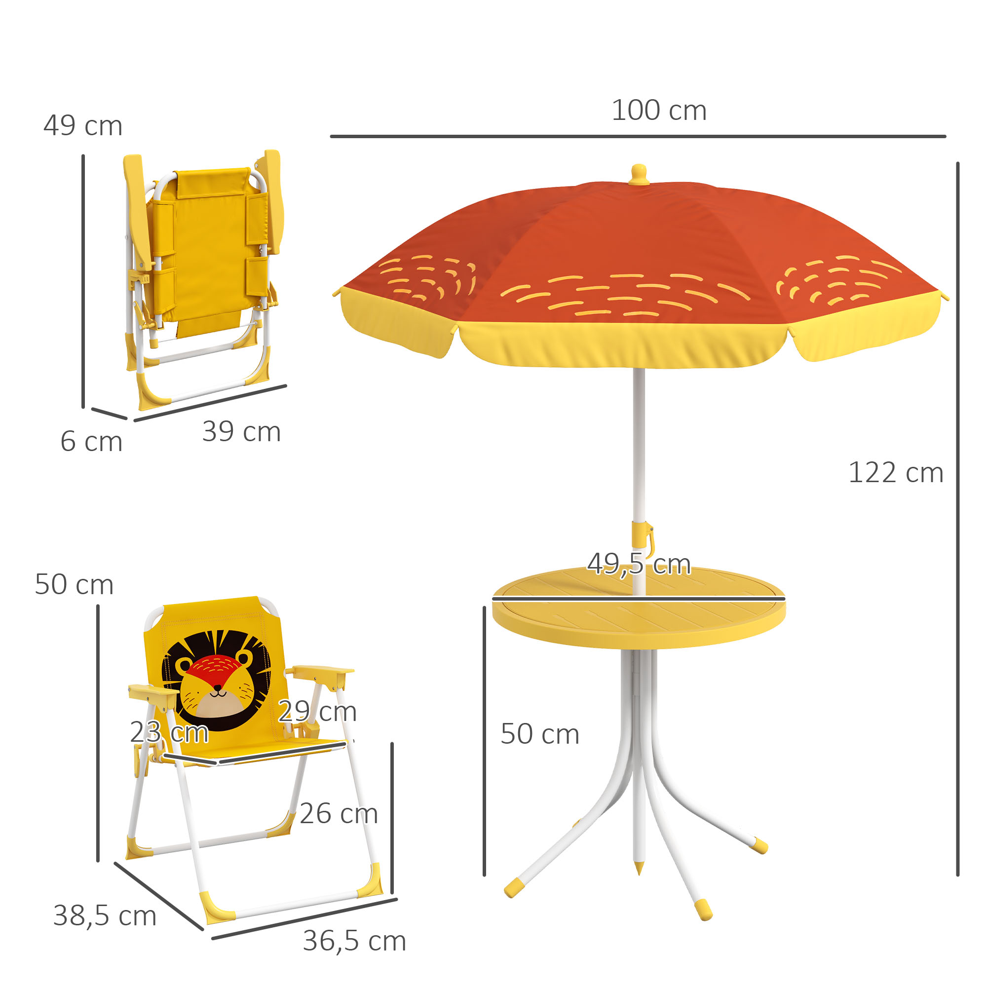 Mesa infantil amarilla con sombrilla y dos sillas. Dimensiones indicadas.