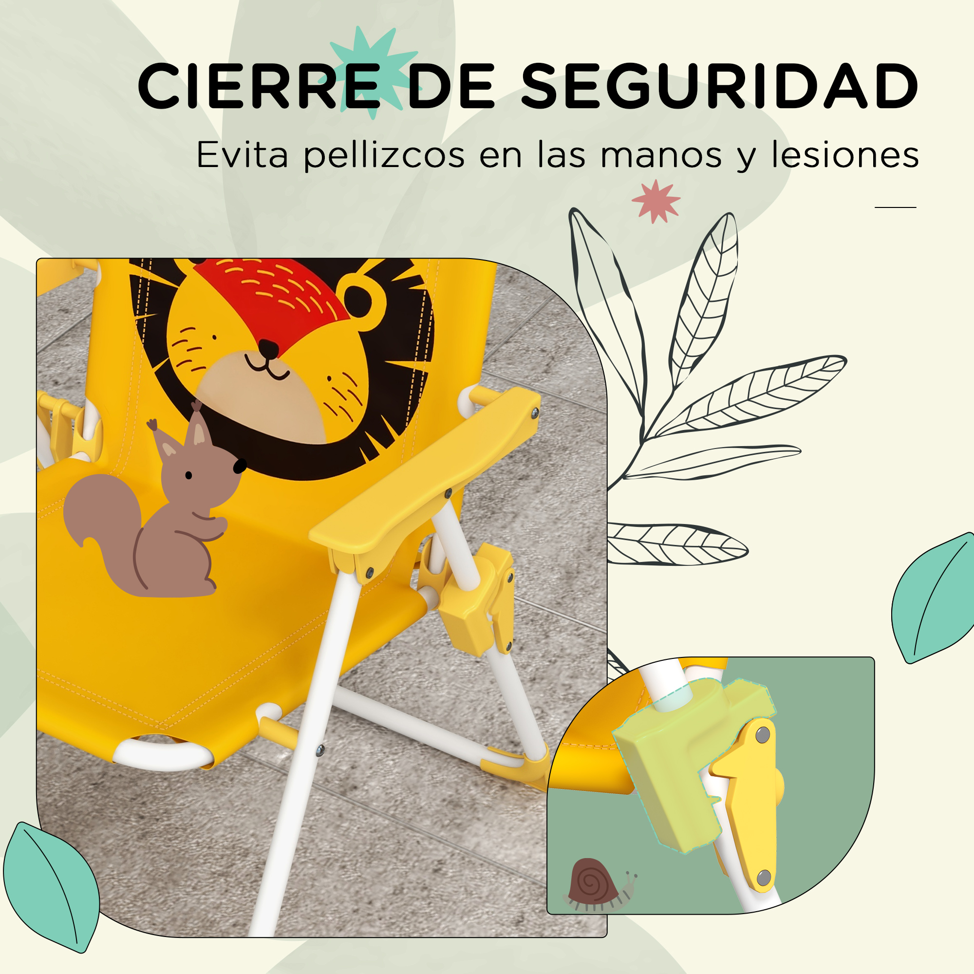 Silla infantil amarilla con diseño de león y ardilla. Cierre de seguridad destacado.