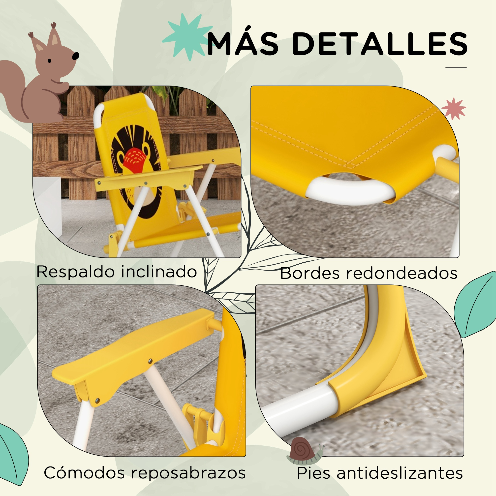 Silla infantil amarilla con diseño de ardilla y detalles destacados.