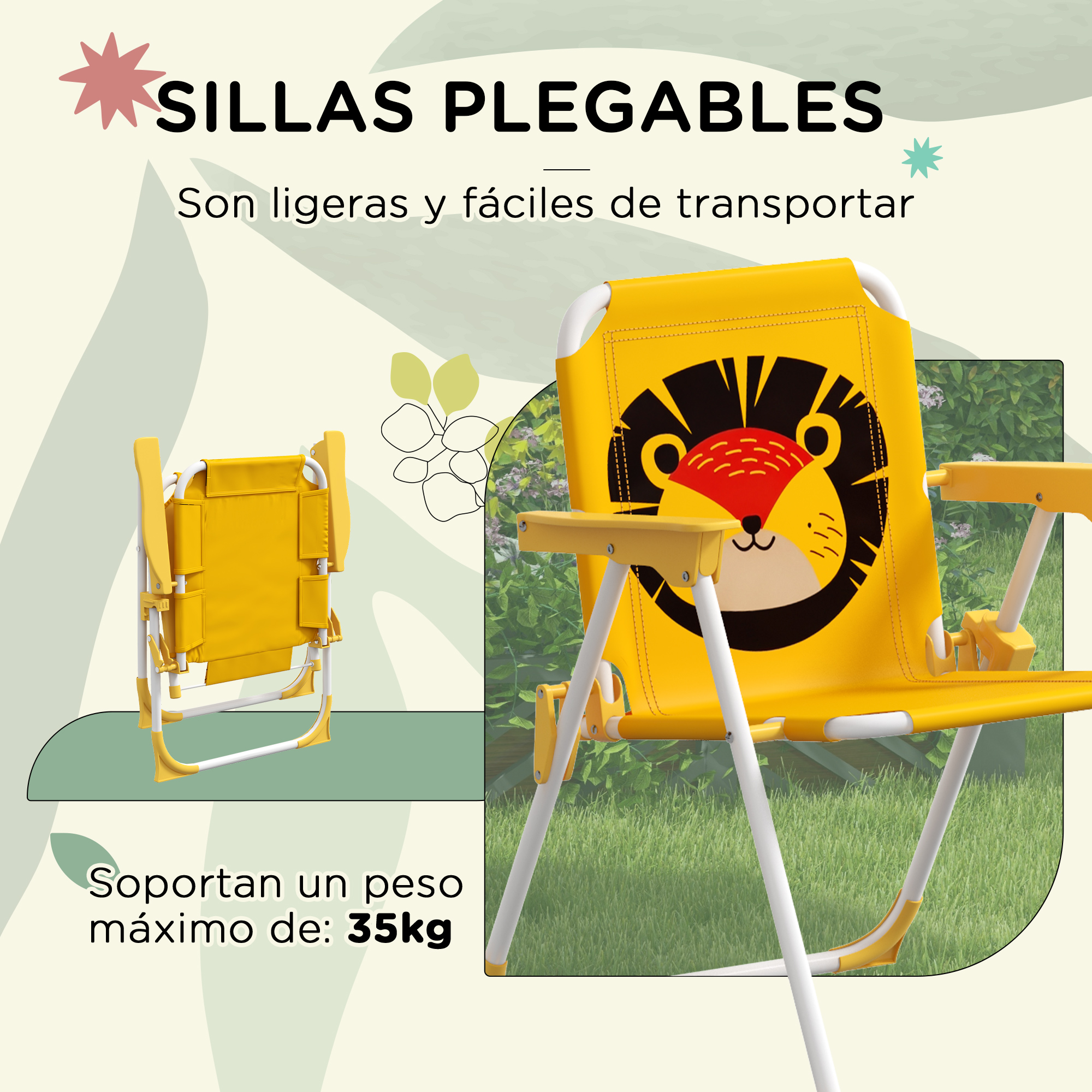 Silla plegable amarilla con diseño de león. Ligera y portátil. Máx 35kg.